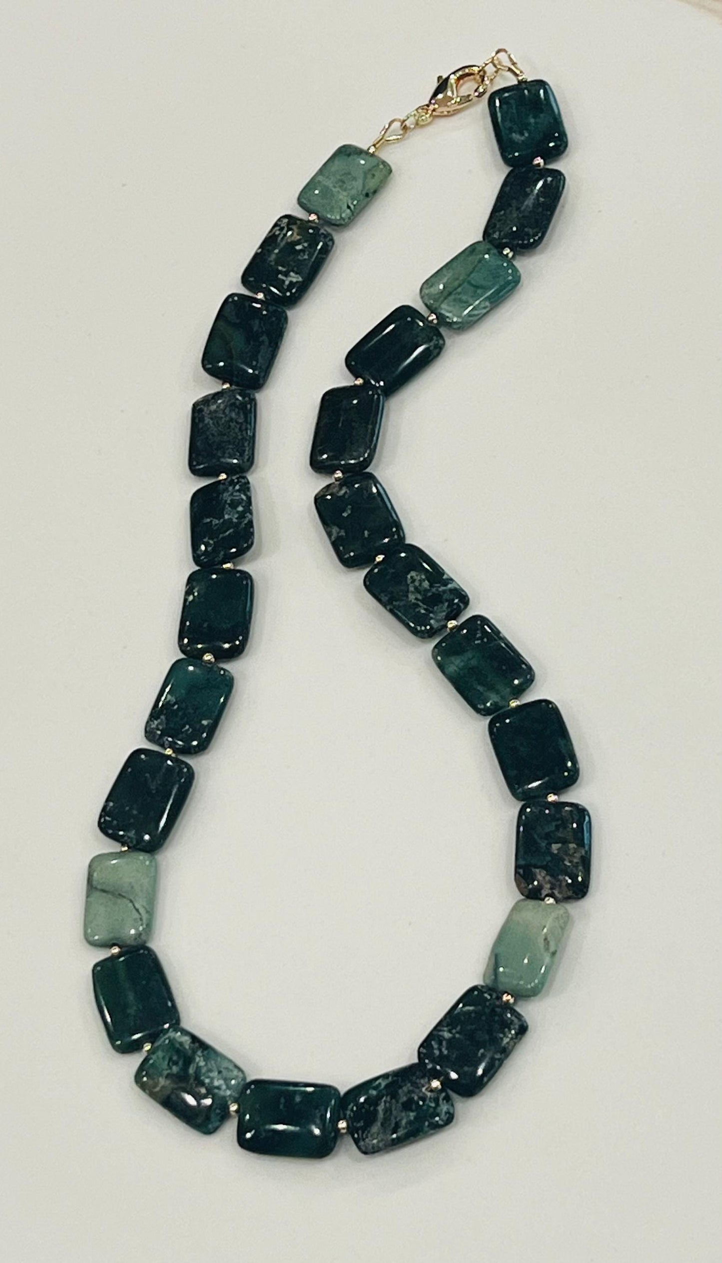 Seaweed Jasper Beaded Necklace 18k Gold Filled Clasp/Beads Natural Semi-Precious Gemstone Necklace Rectangular Smooth Green Jasper Stones