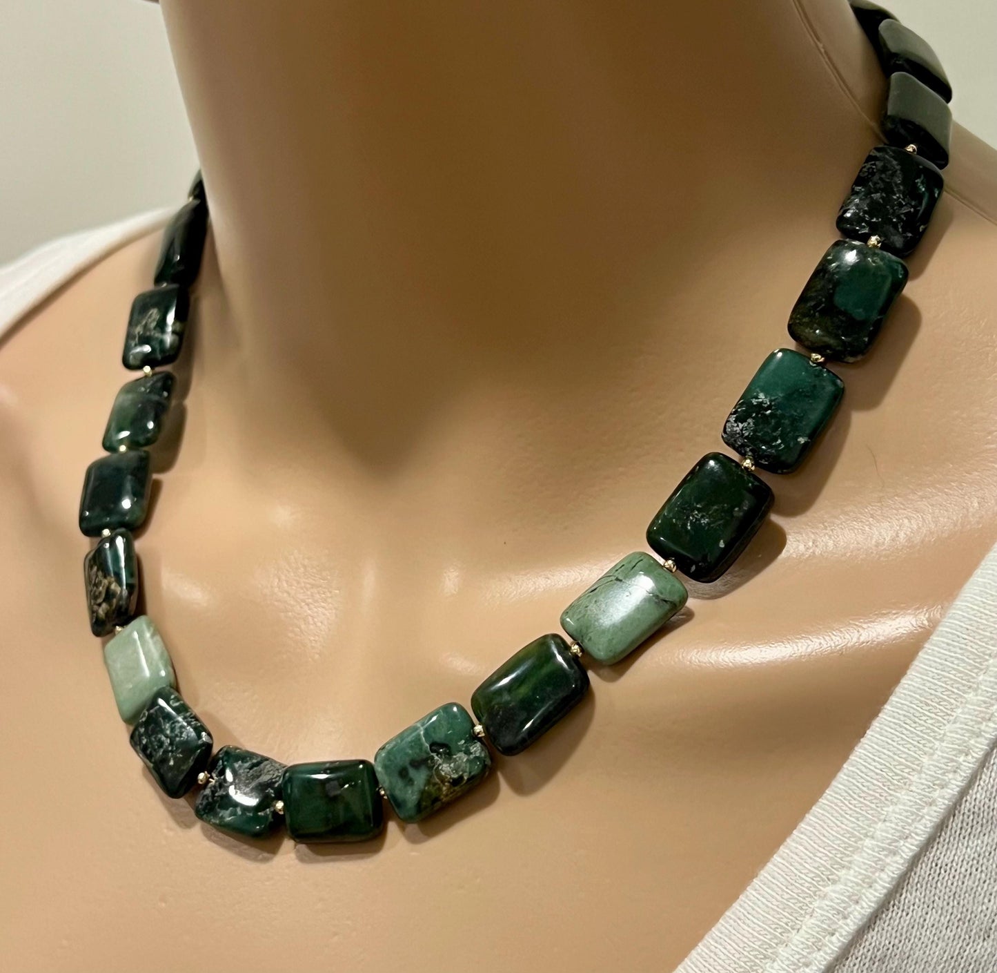 Seaweed Jasper Beaded Necklace 18k Gold Filled Clasp/Beads Natural Semi-Precious Gemstone Necklace Rectangular Smooth Green Jasper Stones