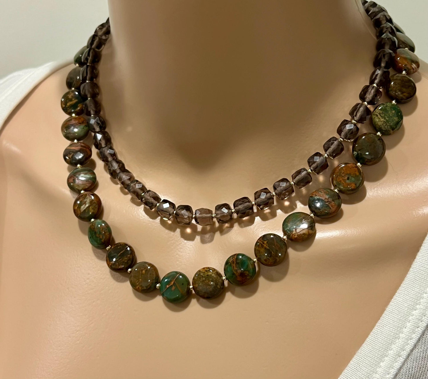 Green Chrysocolla Beaded Necklace with 18k Gold Filled Clasp and Accent Beads Natural Semi-Precious Gemstone 12mm Oval Stone Beaded Necklace