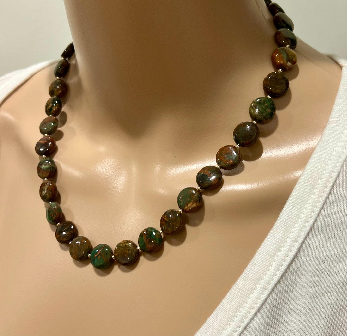 Green Chrysocolla Beaded Necklace with 18k Gold Filled Clasp and Accent Beads Natural Semi-Precious Gemstone 12mm Oval Stone Beaded Necklace