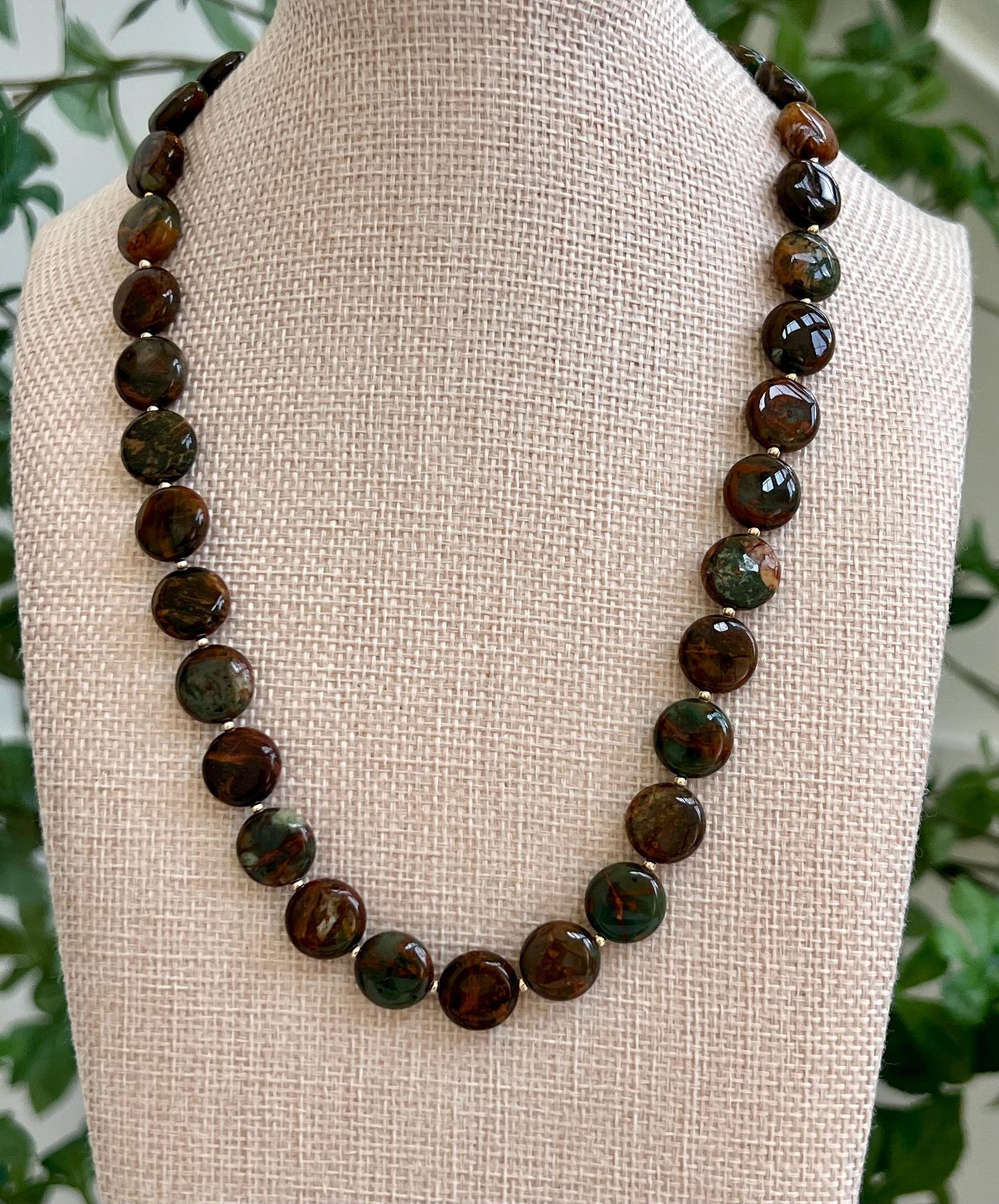 Green Chrysocolla Beaded Necklace with 18k Gold Filled Clasp and Accent Beads Natural Semi-Precious Gemstone 12mm Oval Stone Beaded Necklace