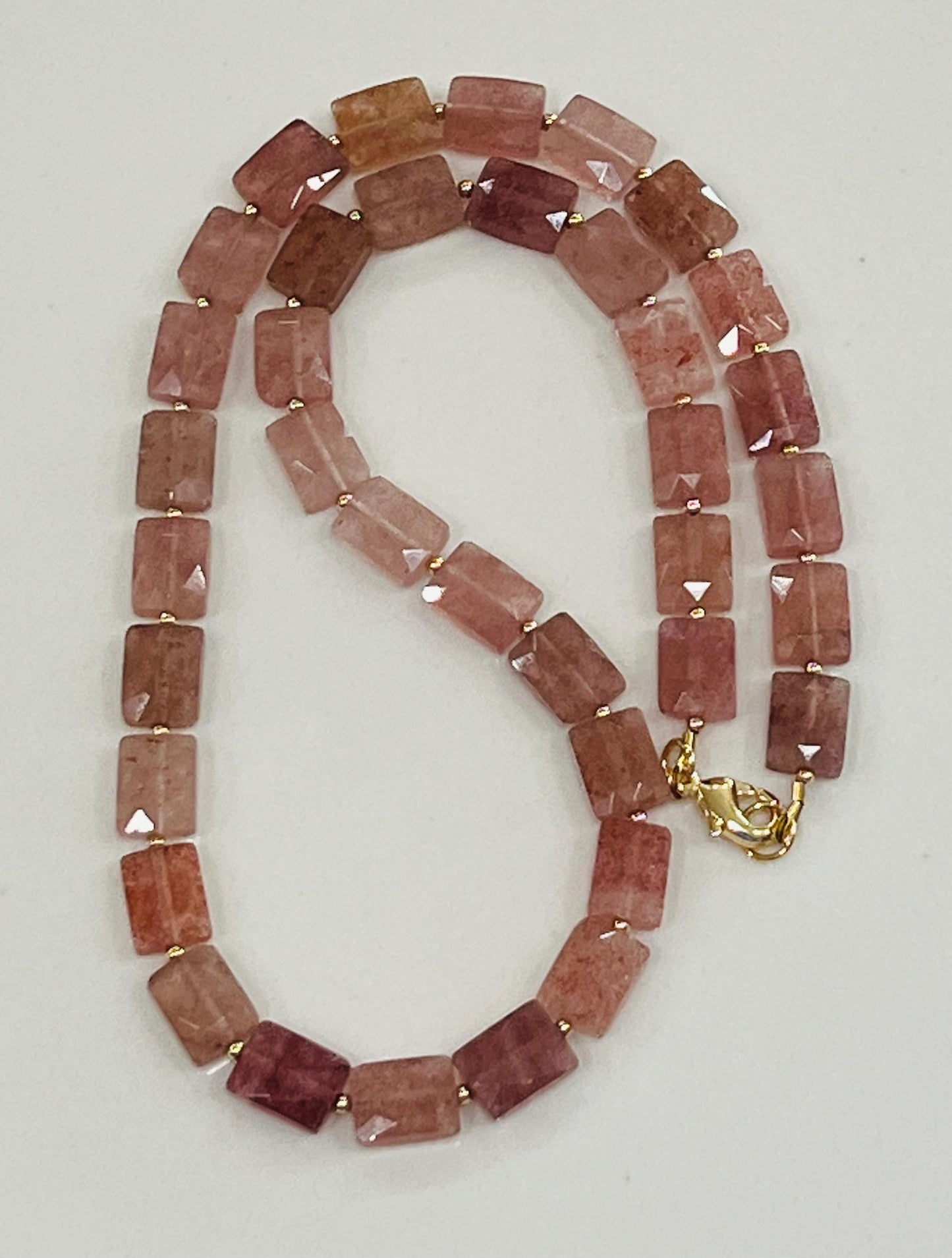 Strawberry Quartz Beaded Necklace 18k Gold Filled Clasp Pink Beaded Layering Semi-Precious Stones Sparkling 8x10mm Rectangular Quartz Stones
