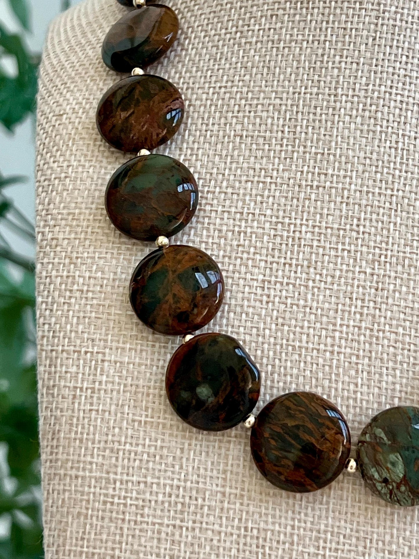 Green Chrysocolla Beaded Necklace with 18k Gold Filled Clasp and Accent Beads Natural Semi-Precious Gemstone Colorful Coin Beaded Necklace