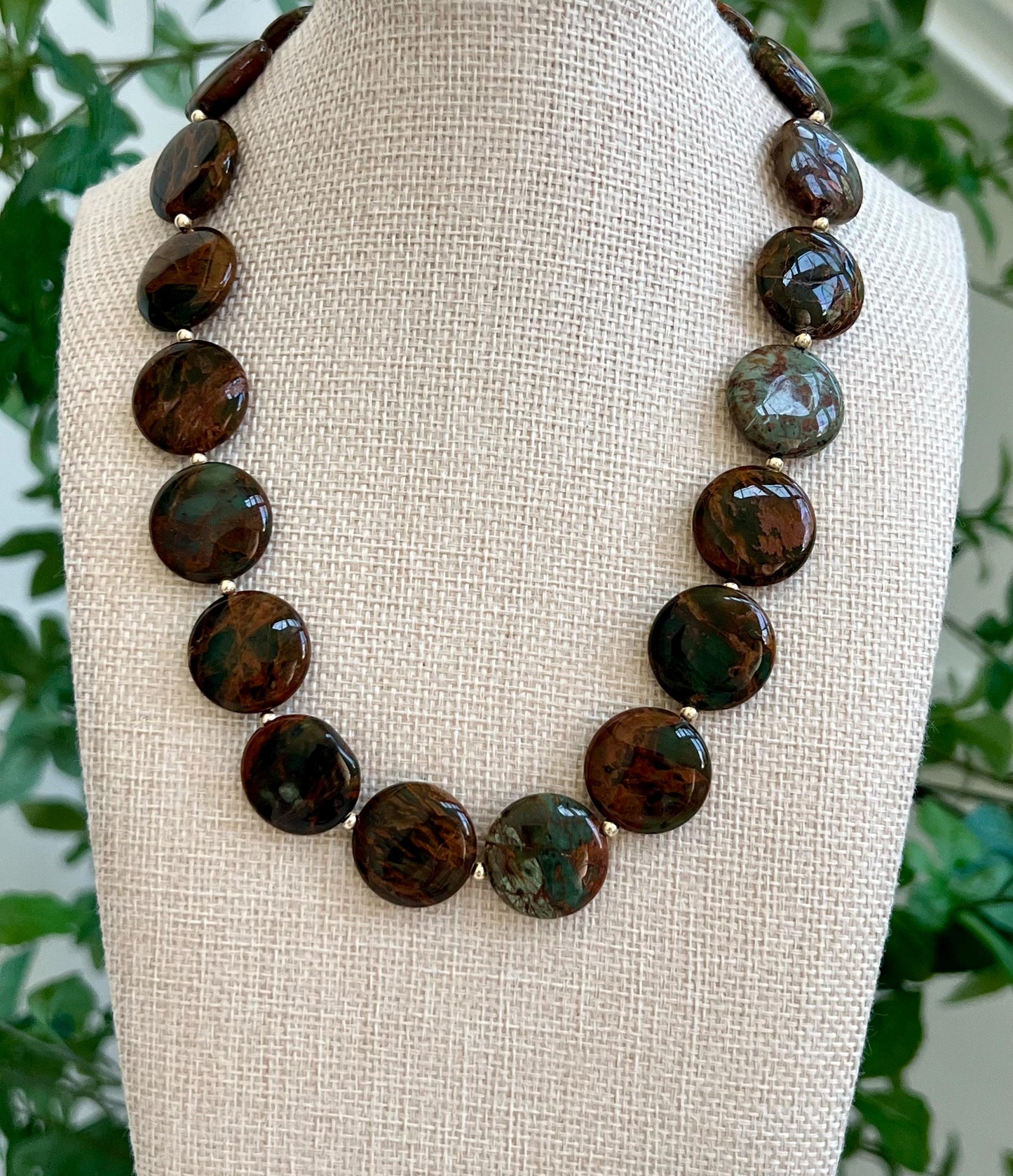 Green Chrysocolla Beaded Necklace with 18k Gold Filled Clasp and Accent Beads Natural Semi-Precious Gemstone Colorful Coin Beaded Necklace