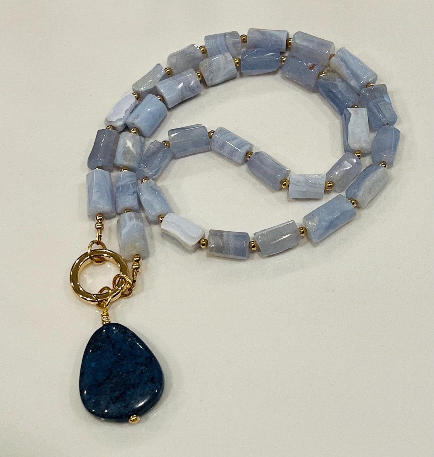 Blue Lace Agate Beaded Necklace 18k Gold Filled Spring Clasp/Accent Beads Dumortierite Pendant Light Blue Lace Tube Stones Versatile Clasp