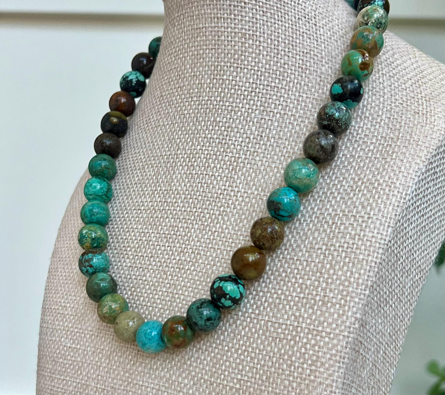 Natural Turquoise Beaded Necklace 18k Gold Filled Clasp/Beads Smooth Round 11mm Natural Turquoise Beads Gorgeous Colors