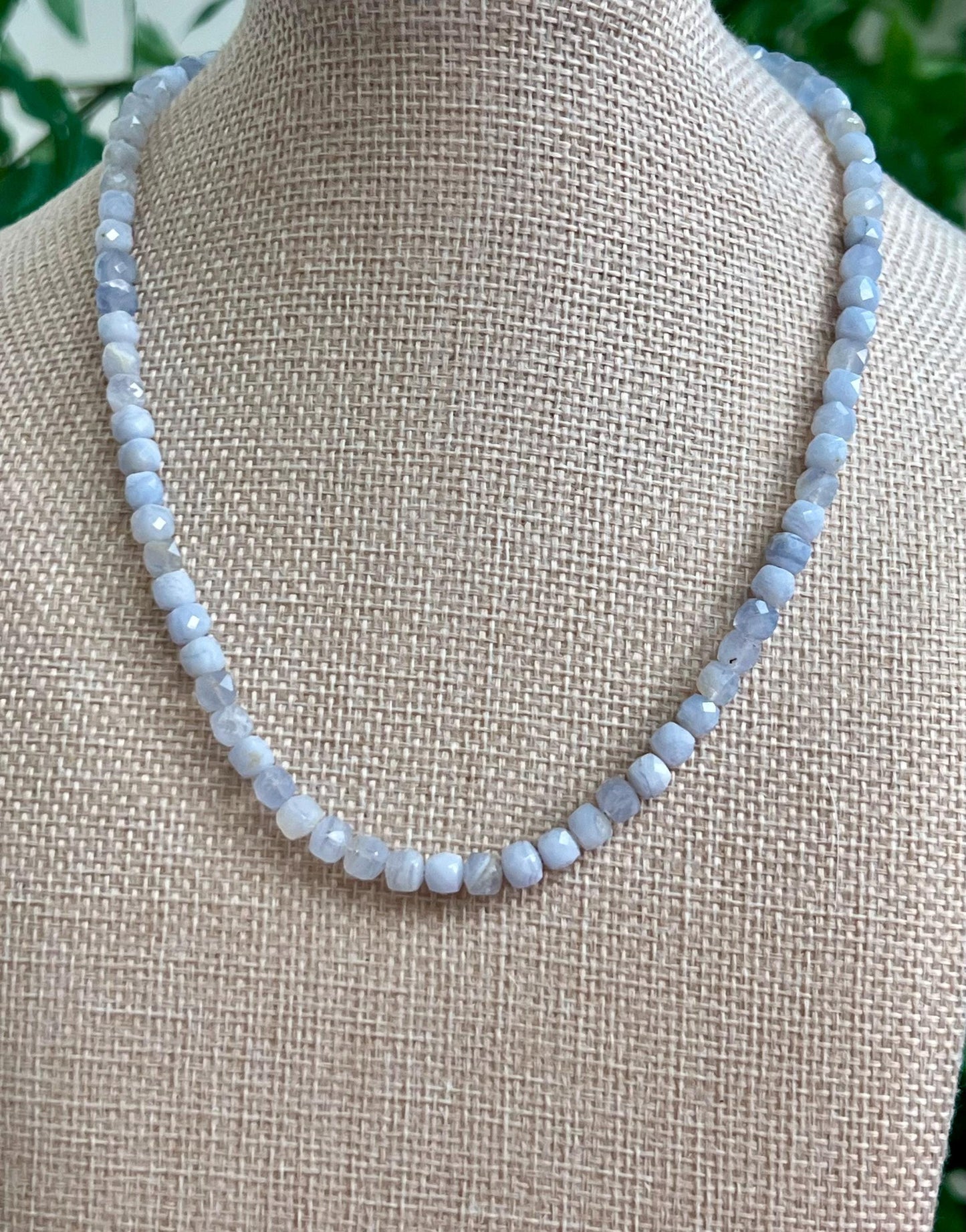 Blue Lace Agate Beaded Necklace 18k Gold Filled Clasp/Accent Beads 5mm Faceted Cubed Light Blue Stones Blue Beaded Layering Necklace