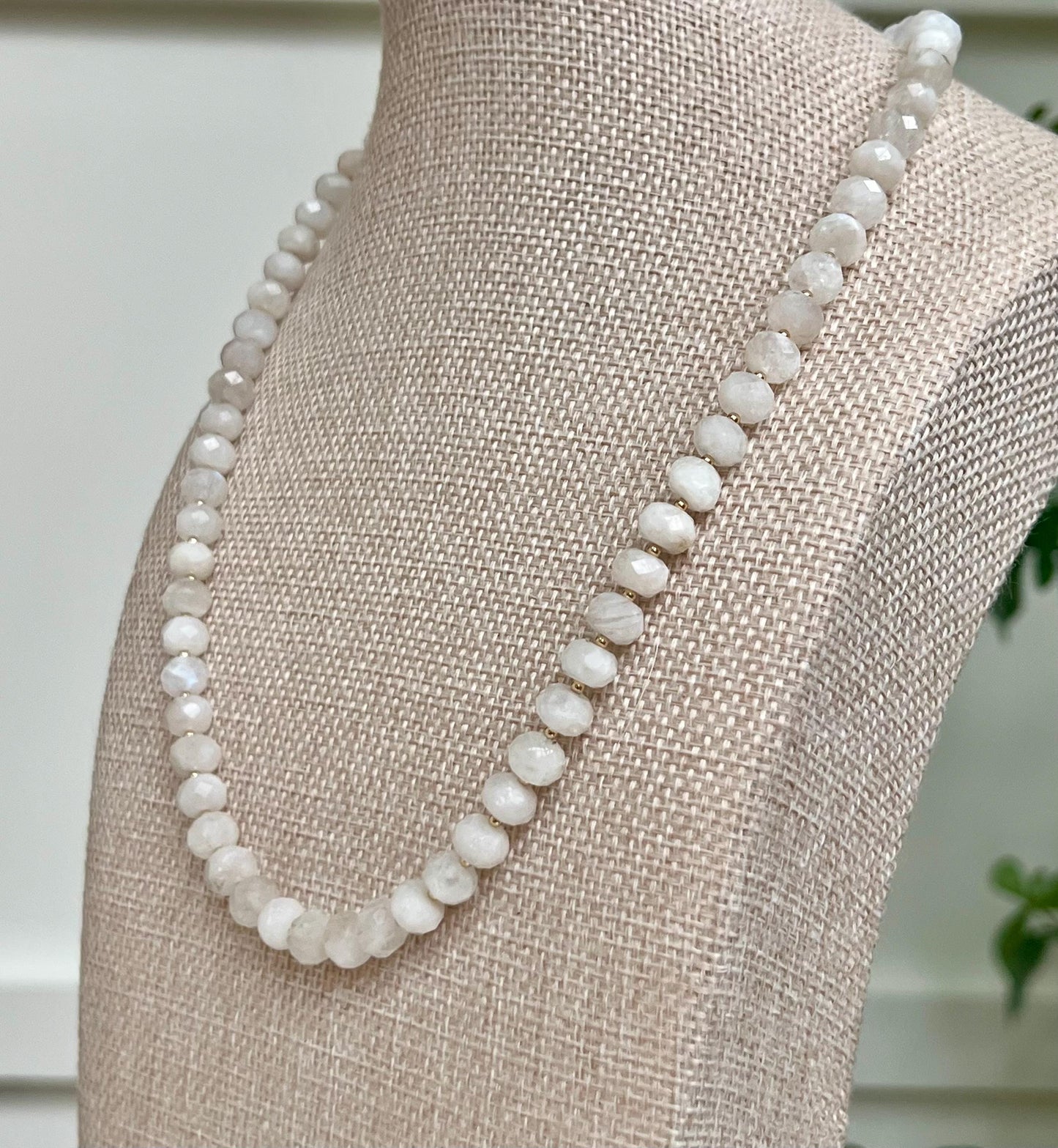 Rainbow Moonstone Beaded Necklace 5x8mm Faceted Rondelle Moonstone with 18k Gold Filled Clasp/ Accent Beads Sparkling Stones