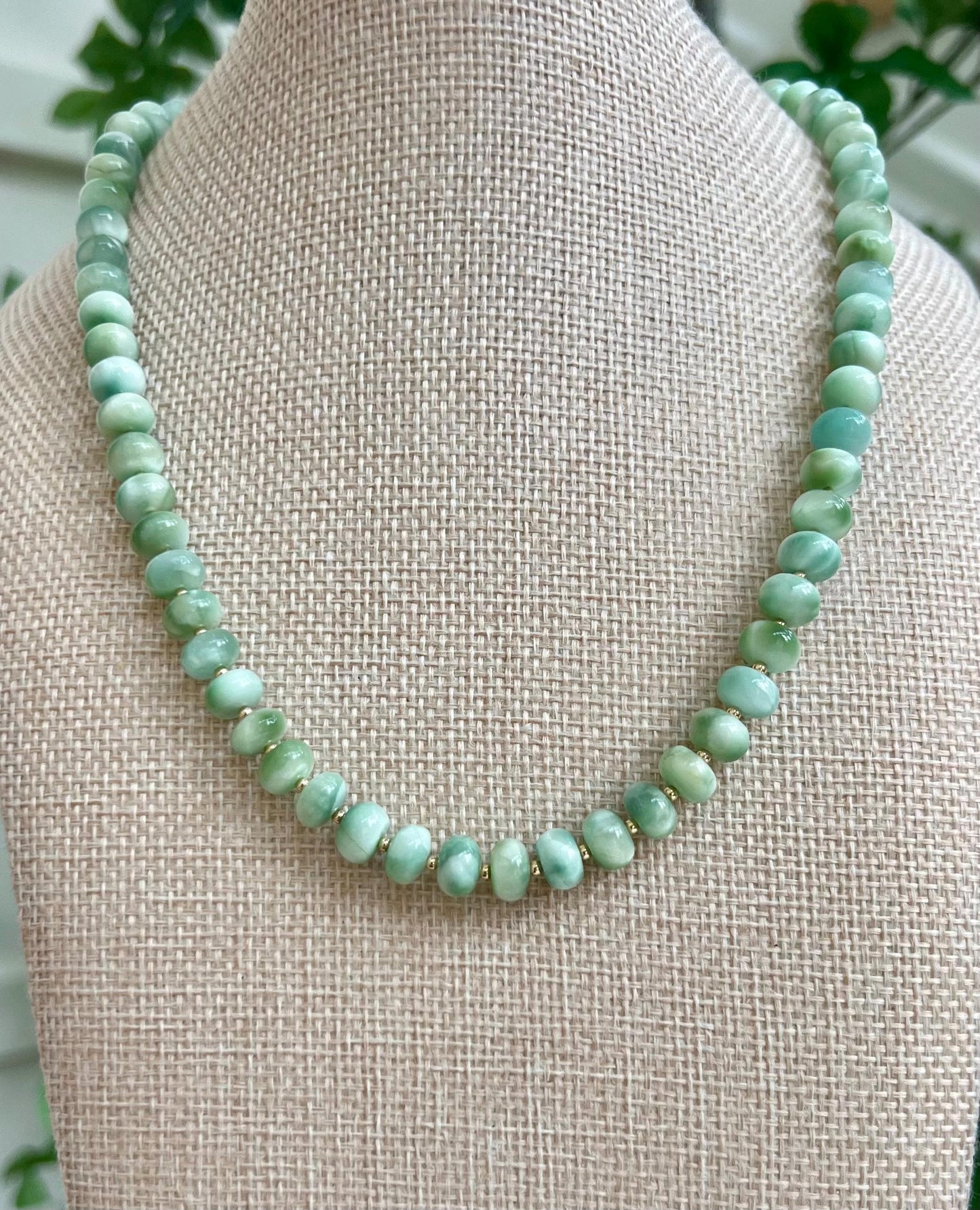 Green Moonstone Beaded Necklace 5x8mm Smooth Rondelle Moonstone with 18k Gold Filled Clasp/Accent Beads Sparkling Stones
