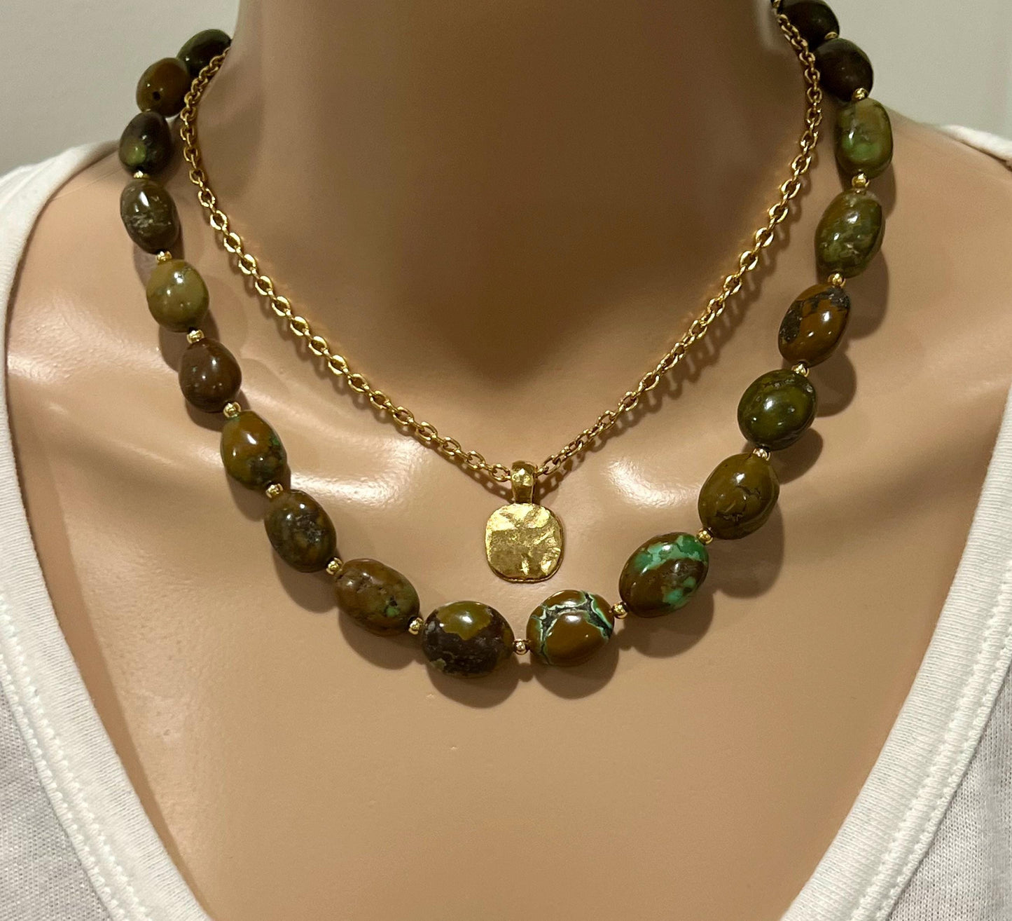 Brown Turquoise Beaded Necklace 18k Gold Filled Clasp/Beads Natural Gemstone Layering Beaded Necklace Turquoise Chunky Statement Necklace