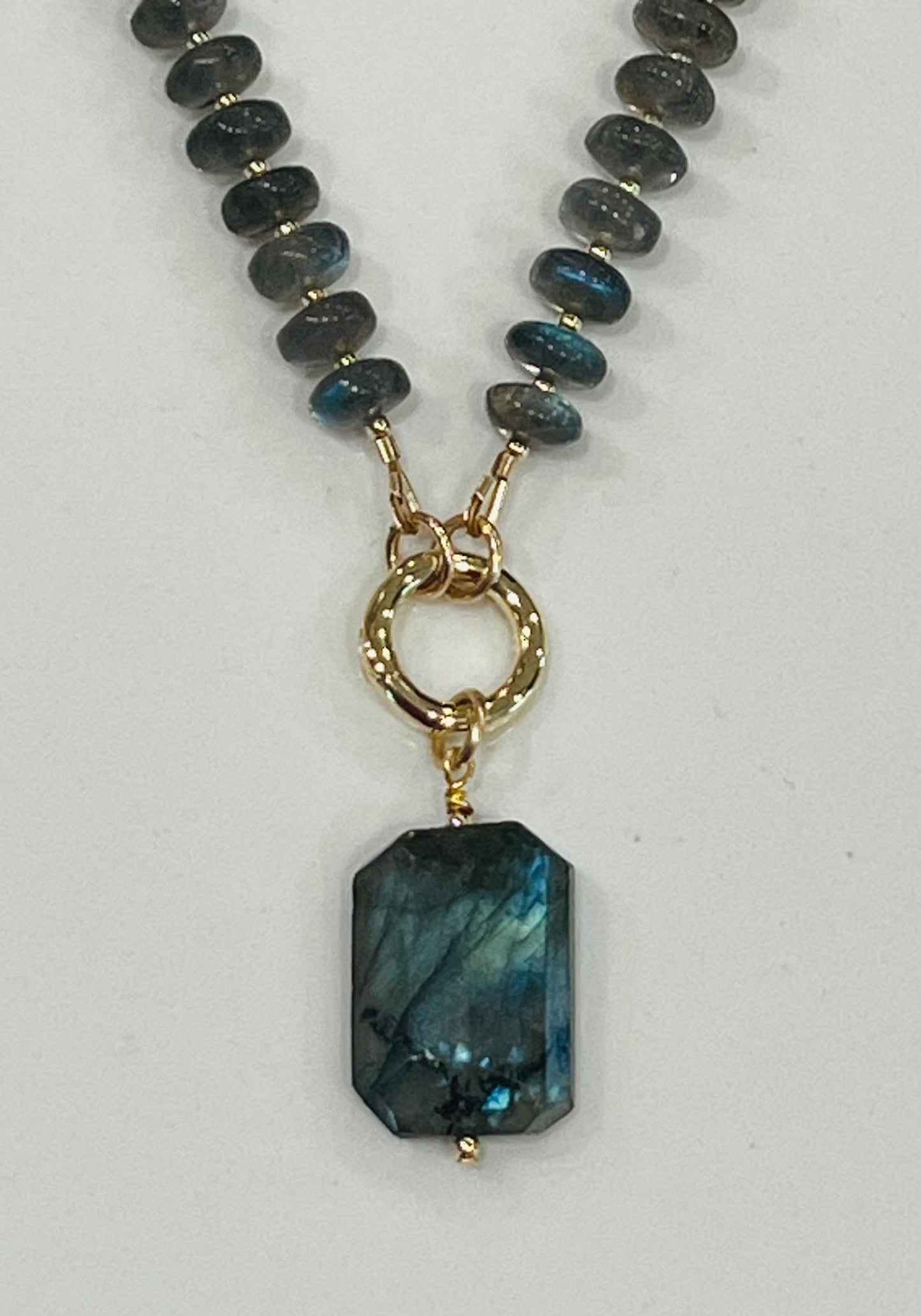 Labradorite Beaded Necklace Gold Filled Spring Clasp/Beads Semi-Precious Natural Gemstone Necklace Labradorite Large Pendant 8mm Rondelle