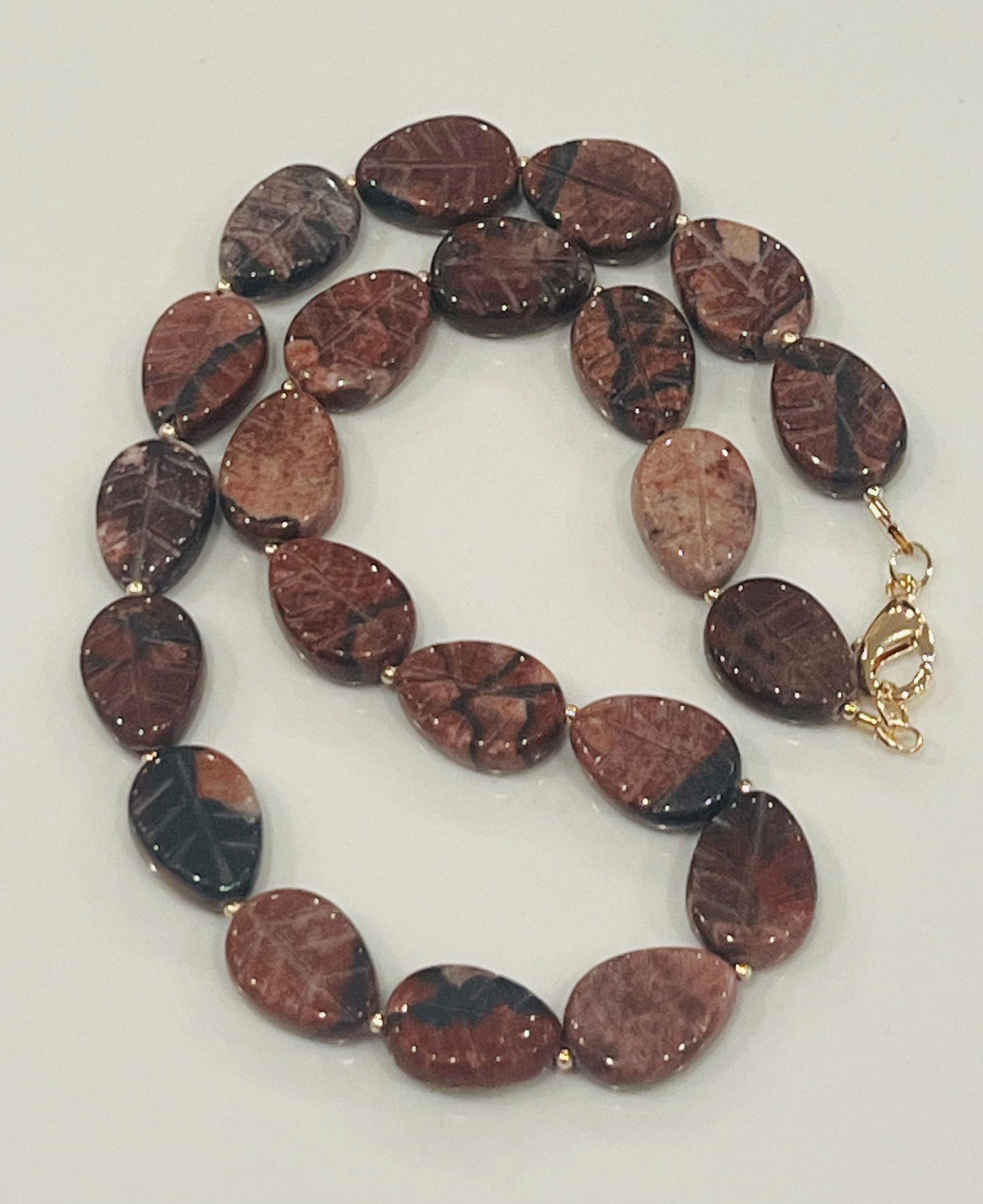 Brecciated Jasper Beaded Necklace with 18k Gold Filled Clasp and Accent Beads Natural Semi-Precious Gemstone Carved Beaded Necklace