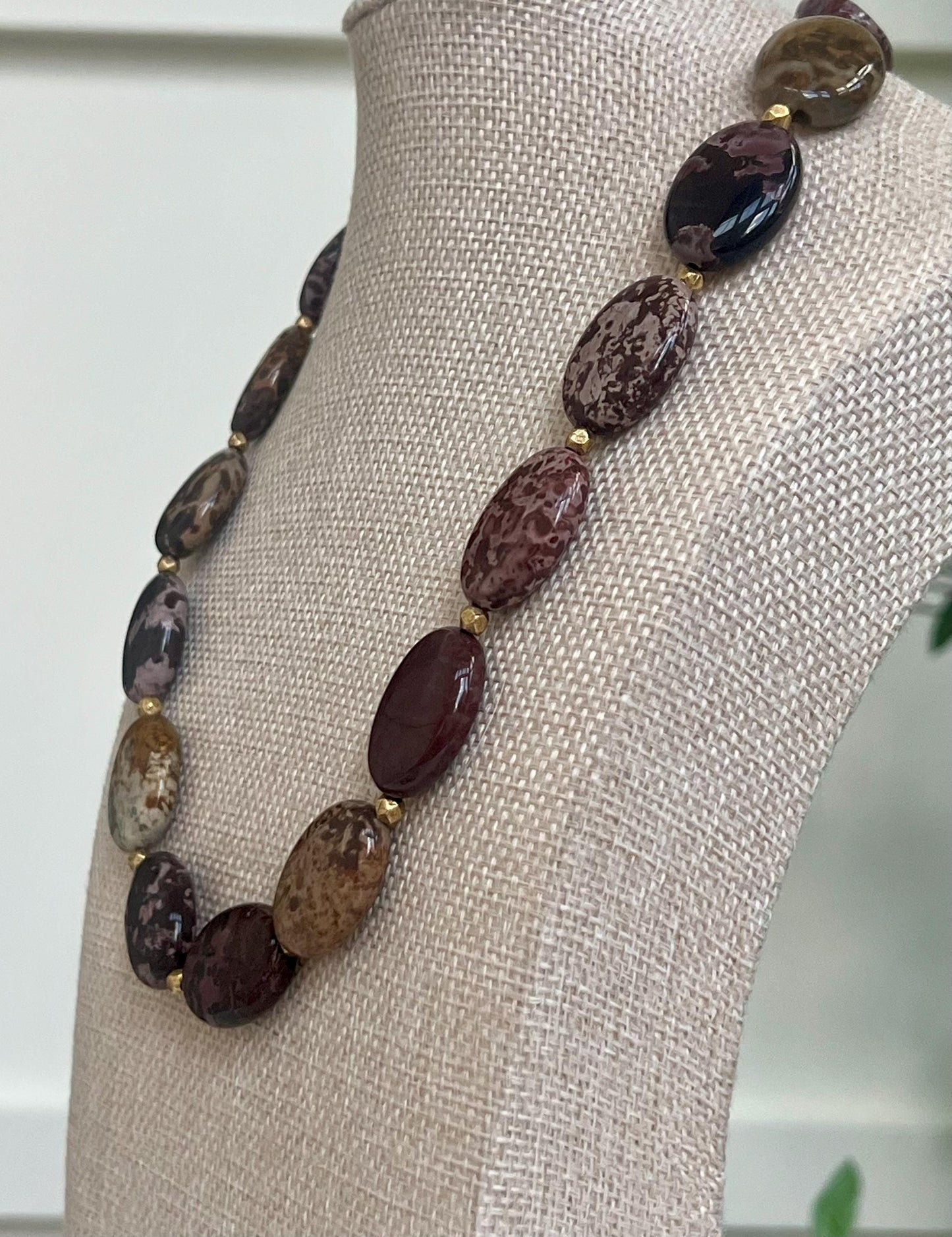 Leopard Skin Jasper Beaded Necklace with Good Plated Pewter Toggle and Accent Beads Natural Semi-Precious Gemstone Oval Beaded Necklace