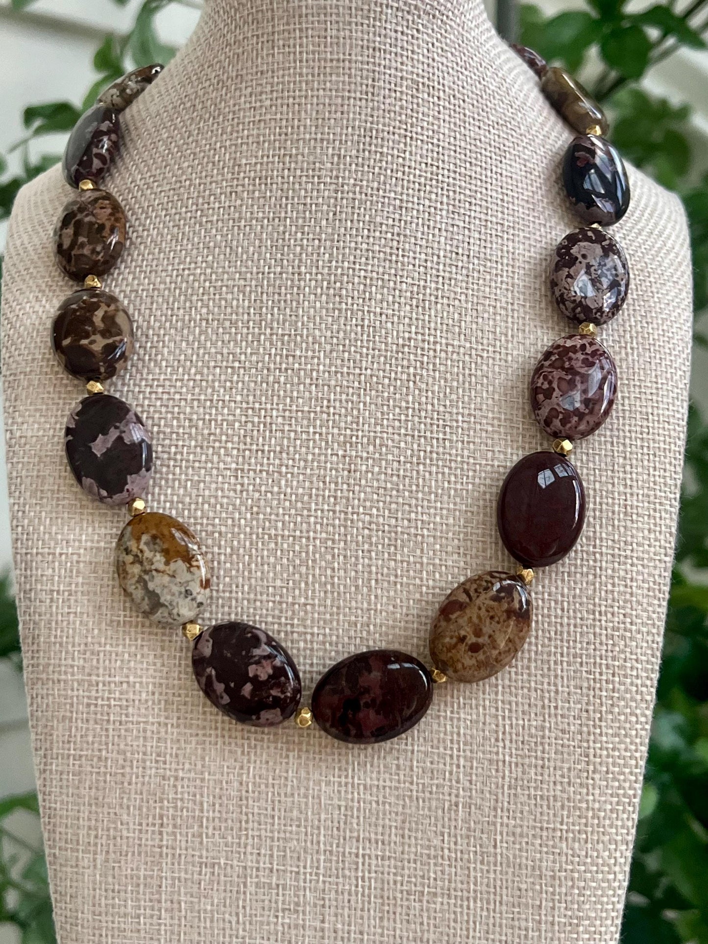 Leopard Skin Jasper Beaded Necklace with Good Plated Pewter Toggle and Accent Beads Natural Semi-Precious Gemstone Oval Beaded Necklace