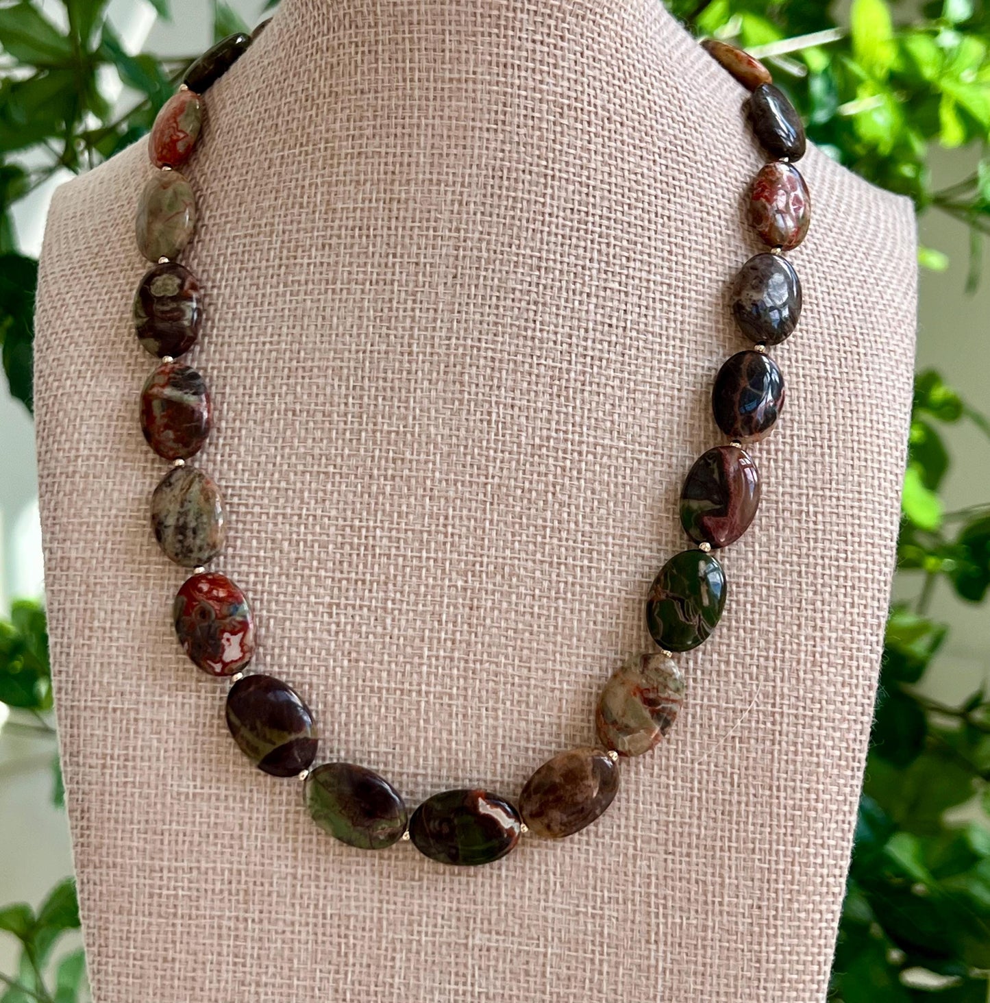 Green Chrysocolla Beaded Necklace with 18k Gold Filled Clasp and Accent Beads Natural Semi-Precious Gemstone Colorful Oval Beaded Necklace