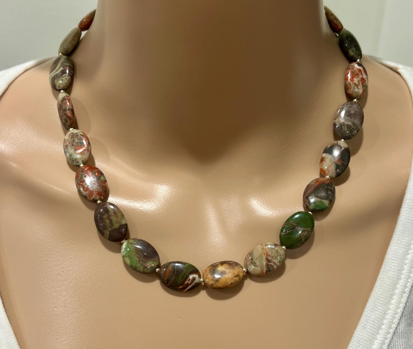Green Chrysocolla Beaded Necklace with 18k Gold Filled Clasp and Accent Beads Natural Semi-Precious Gemstone Colorful Oval Beaded Necklace
