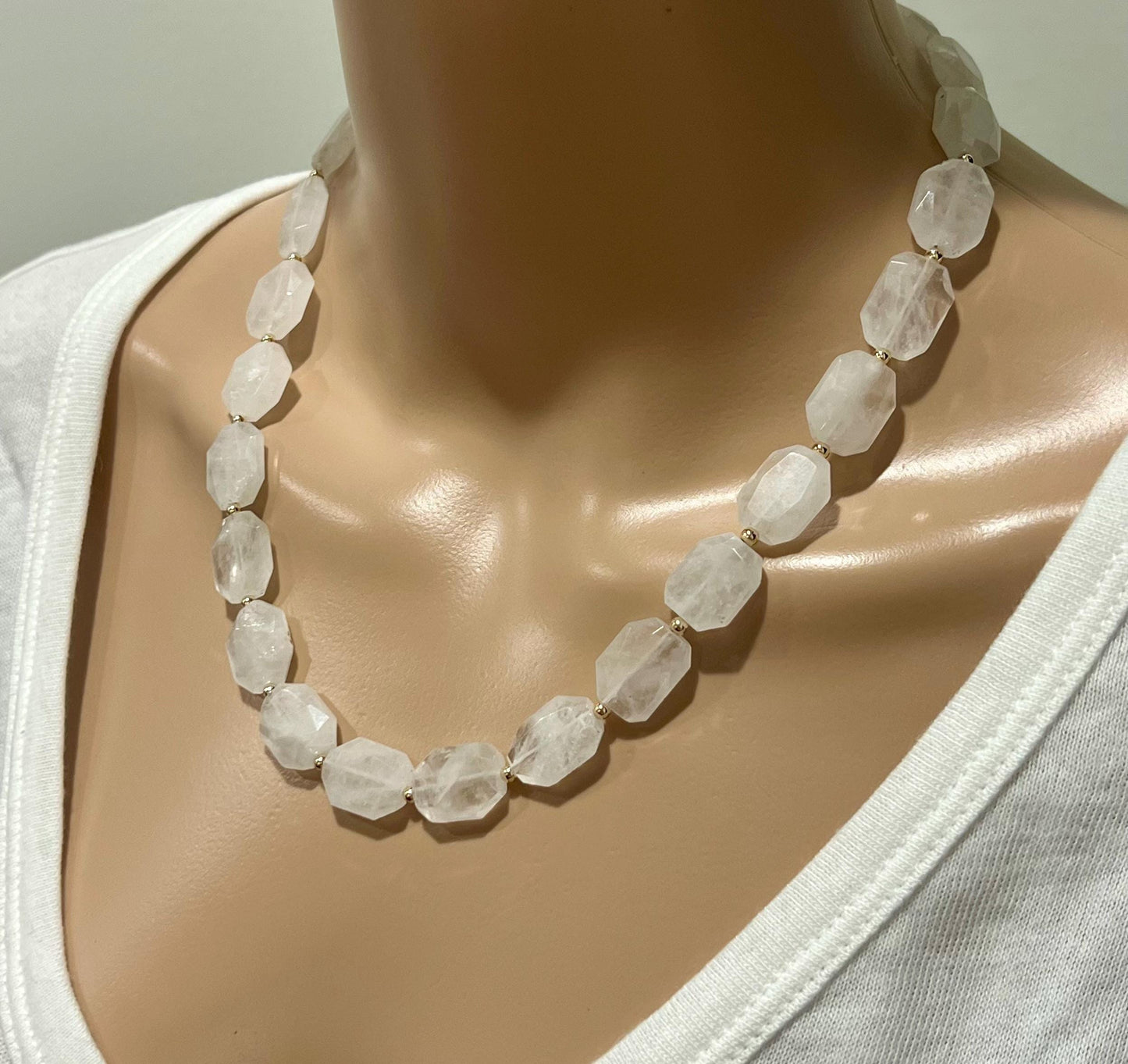 Clear Quartz Beaded Necklace 18k Gold Filled Clasp Green Beaded Layering Semi-Precious Stones 17x12mm Faceted Rectanglar Stones