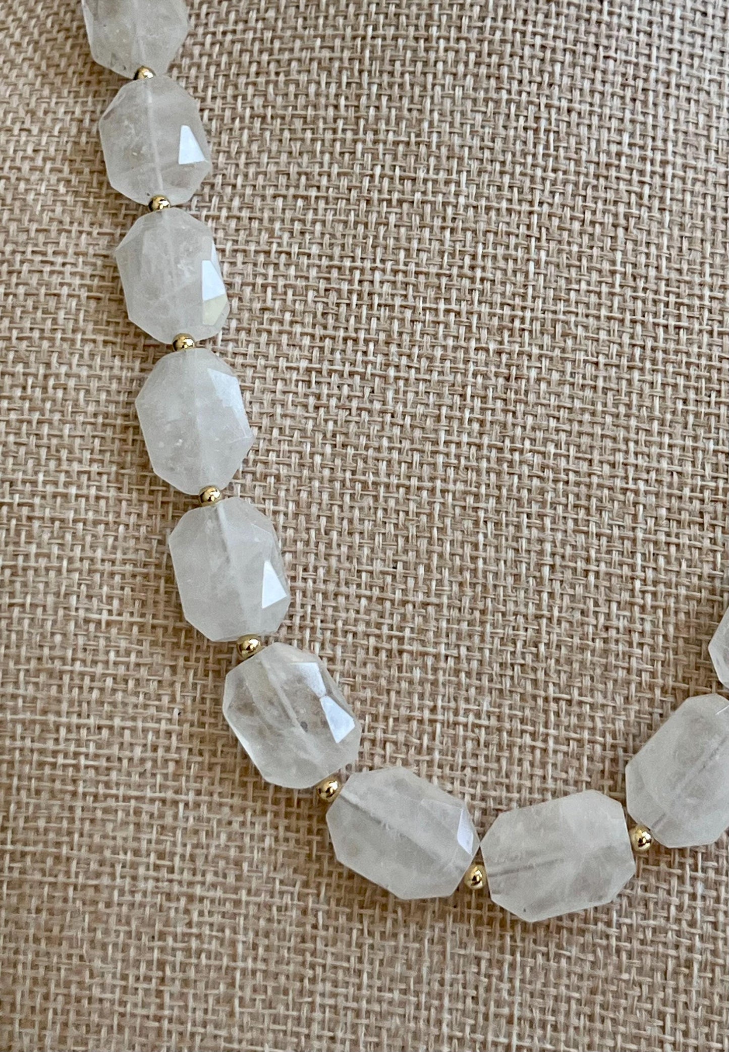 Clear Quartz Beaded Necklace 18k Gold Filled Clasp Green Beaded Layering Semi-Precious Stones 17x12mm Faceted Rectanglar Stones
