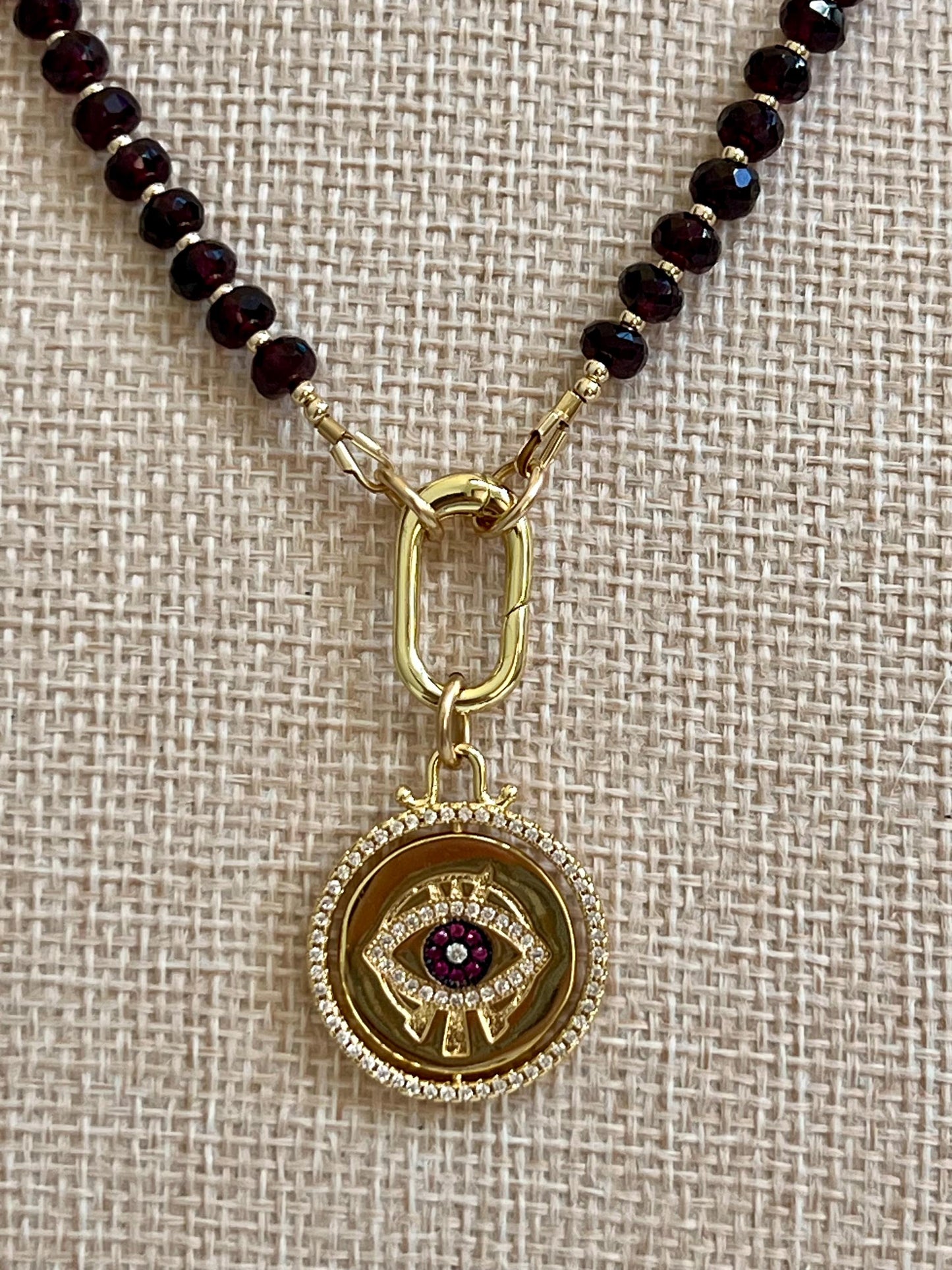 Sparkling Garnet Beaded Necklace 18k Gold Filled Spring Clasp Evil Eye Pendant 5.5mm Faceted Rondelle Garnet Natural Gemstone Necklace