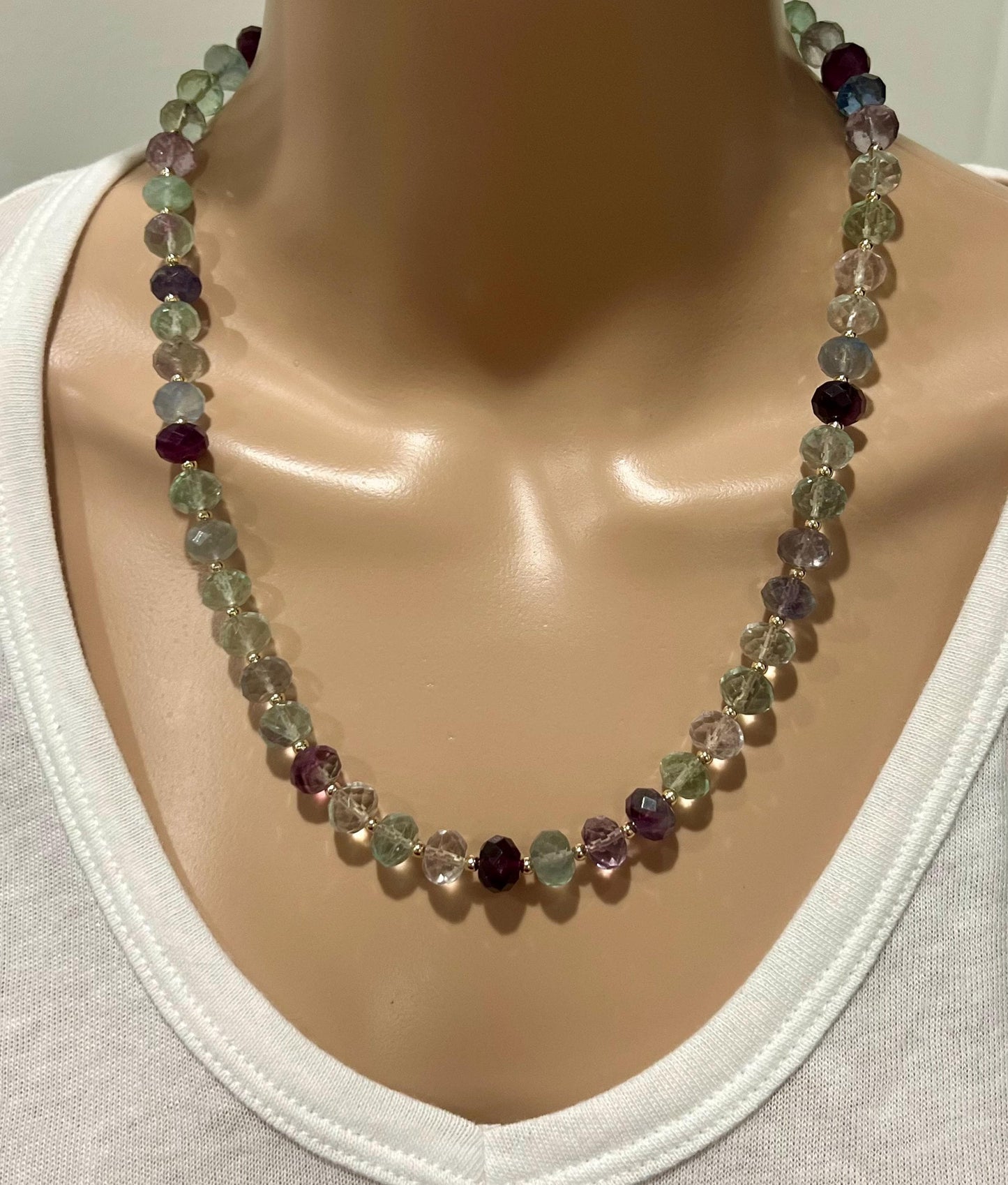Fluorite Beaded Necklace with 18k Gold Filled Clasp Faceted Rondelle 10x8mm Fluorite Stones Natural Semi-Precious Gemstone Necklace