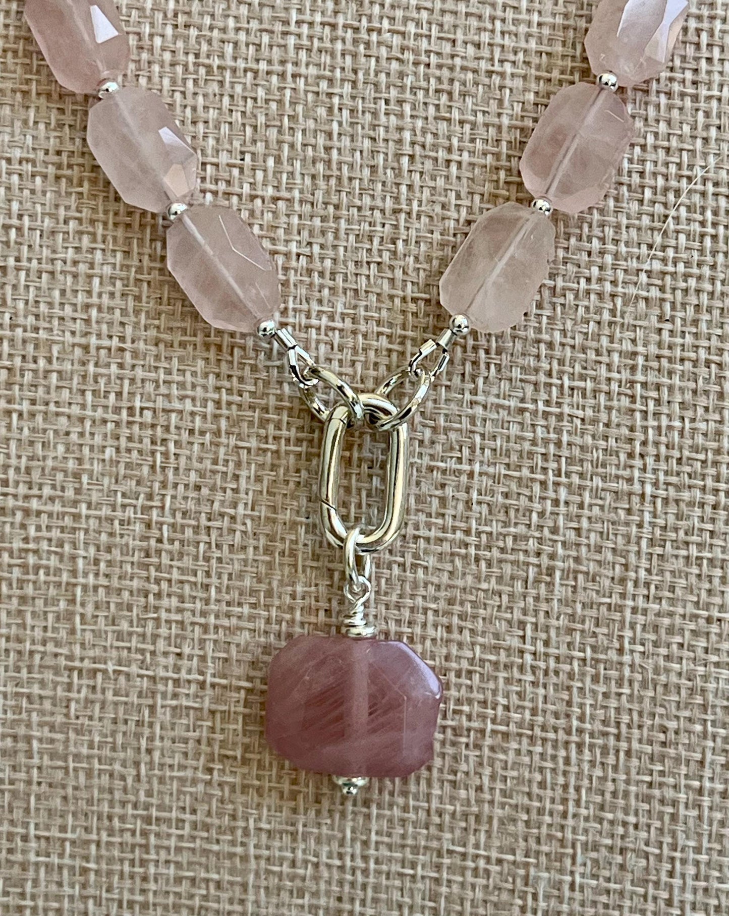 Rose Quartz Beaded Necklace Sterling Silver Spring Clasp/Beads Pendant Semi-Precious Stones 14x10mm Faceted Rectangular Rose Quartz Stones