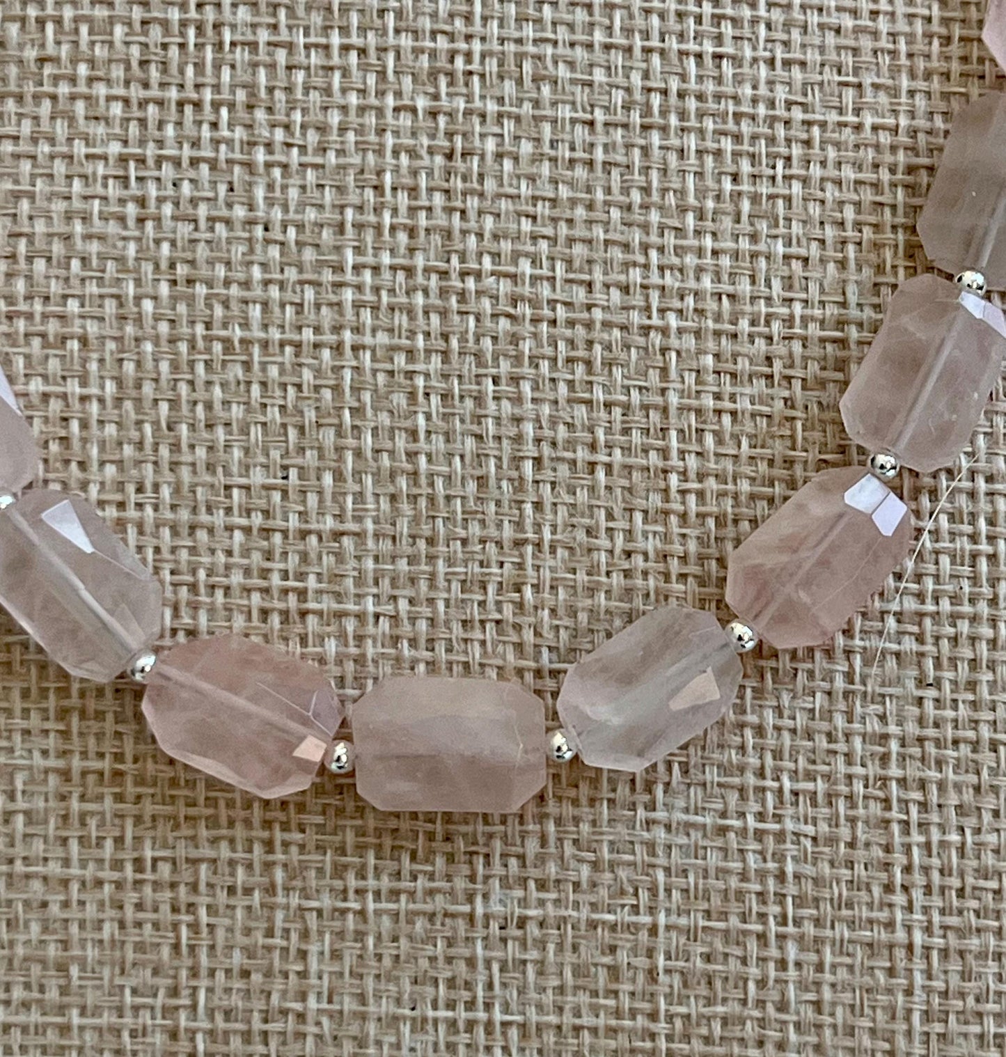Rose Quartz Beaded Necklace Sterling Silver Spring Clasp/Beads Pendant Semi-Precious Stones 14x10mm Faceted Rectangular Rose Quartz Stones