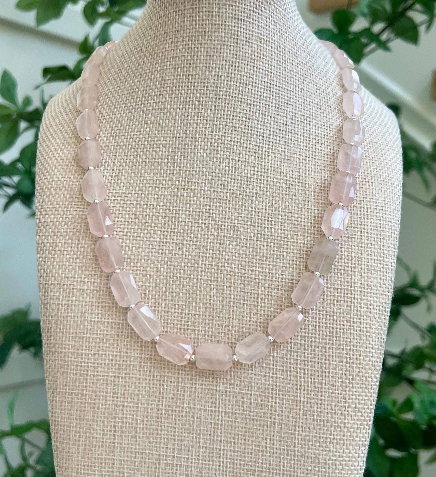 Rose Quartz Beaded Necklace Sterling Silver Spring Clasp/Beads Pendant Semi-Precious Stones 14x10mm Faceted Rectangular Rose Quartz Stones