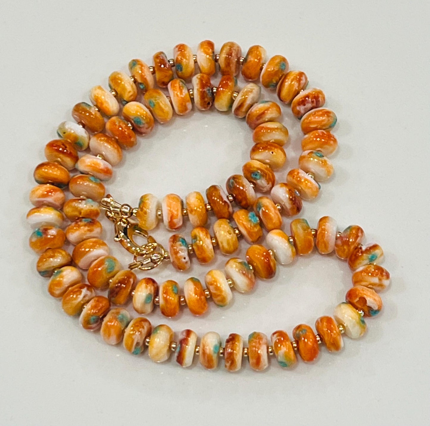 Spiny Oyster Beaded Necklace 18k Gold Filled Clasp Rondelle 8x3mm Natural Spiny Oyster Beads Gorgeous Orange Green/Blue Statement Necklace