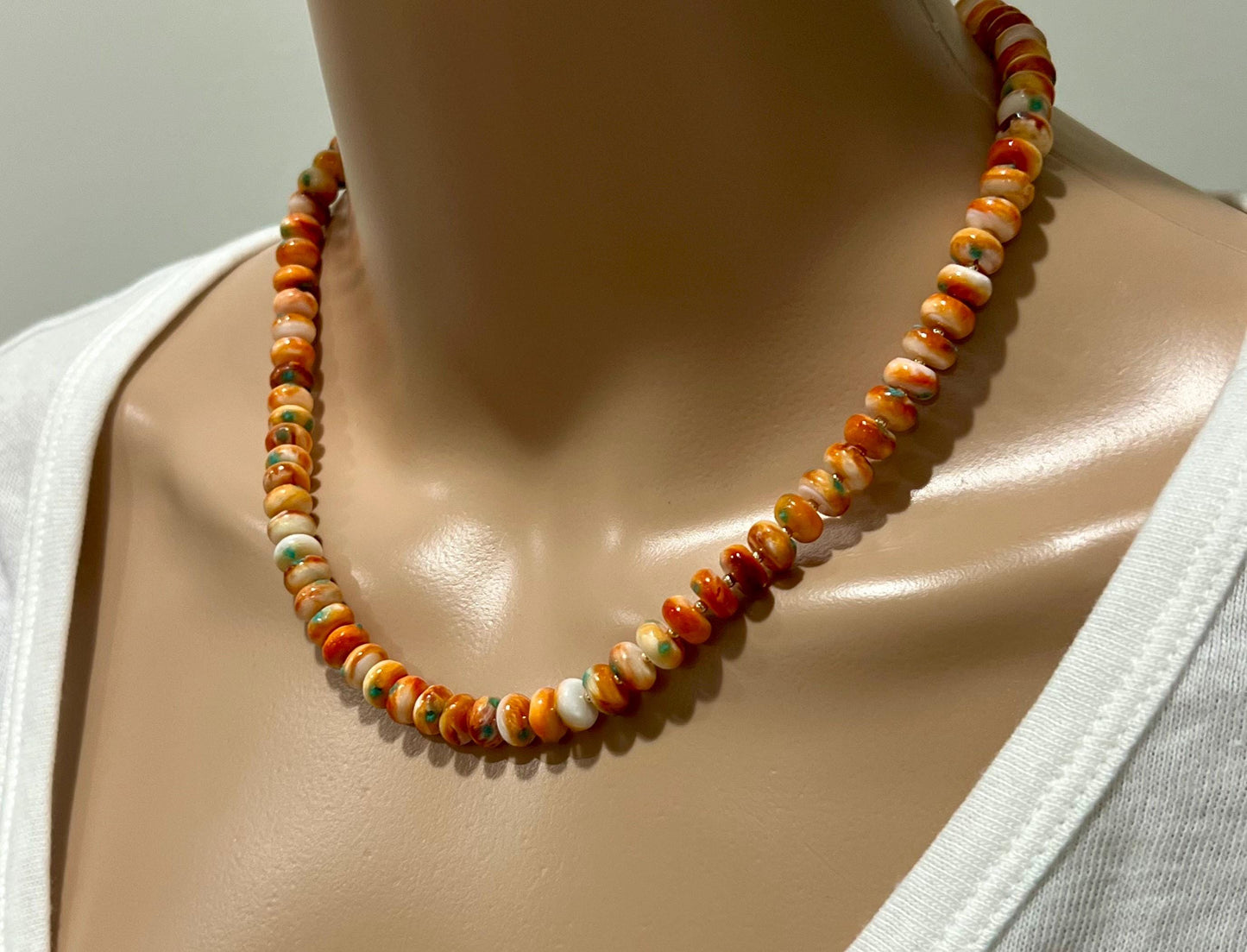 Spiny Oyster Beaded Necklace 18k Gold Filled Clasp Rondelle 8x3mm Natural Spiny Oyster Beads Gorgeous Orange Green/Blue Statement Necklace
