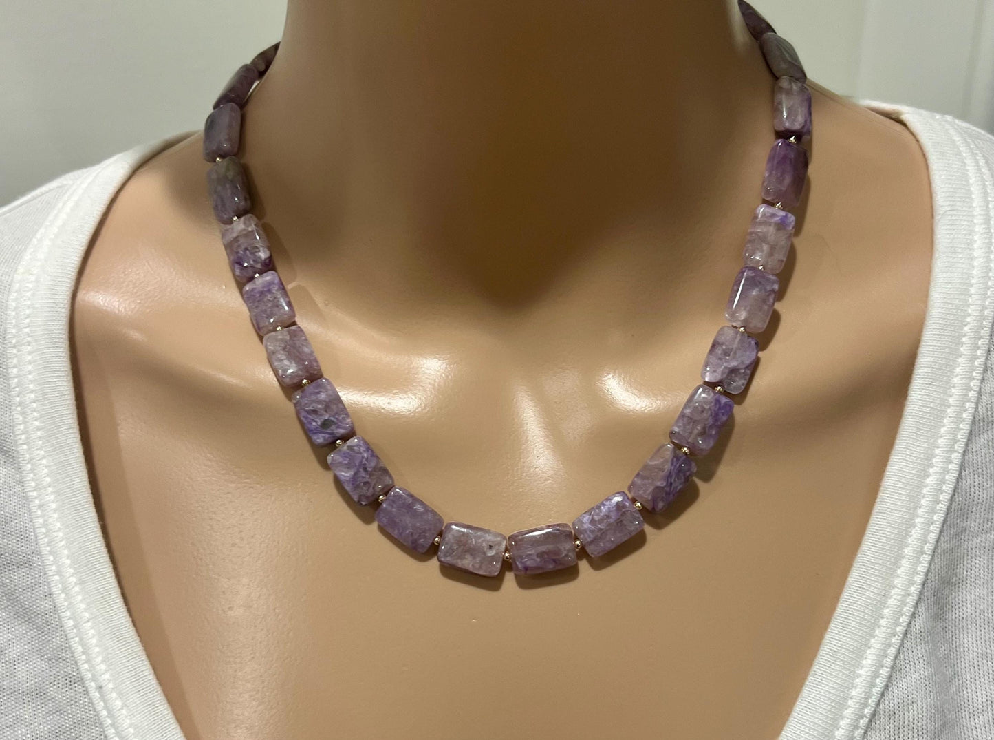 Charoite Beaded Necklace 18k Gold Filled Clasp/Beads Natural Semi-Precious Gemstone Necklace Rectangular Smooth Charoite Stones