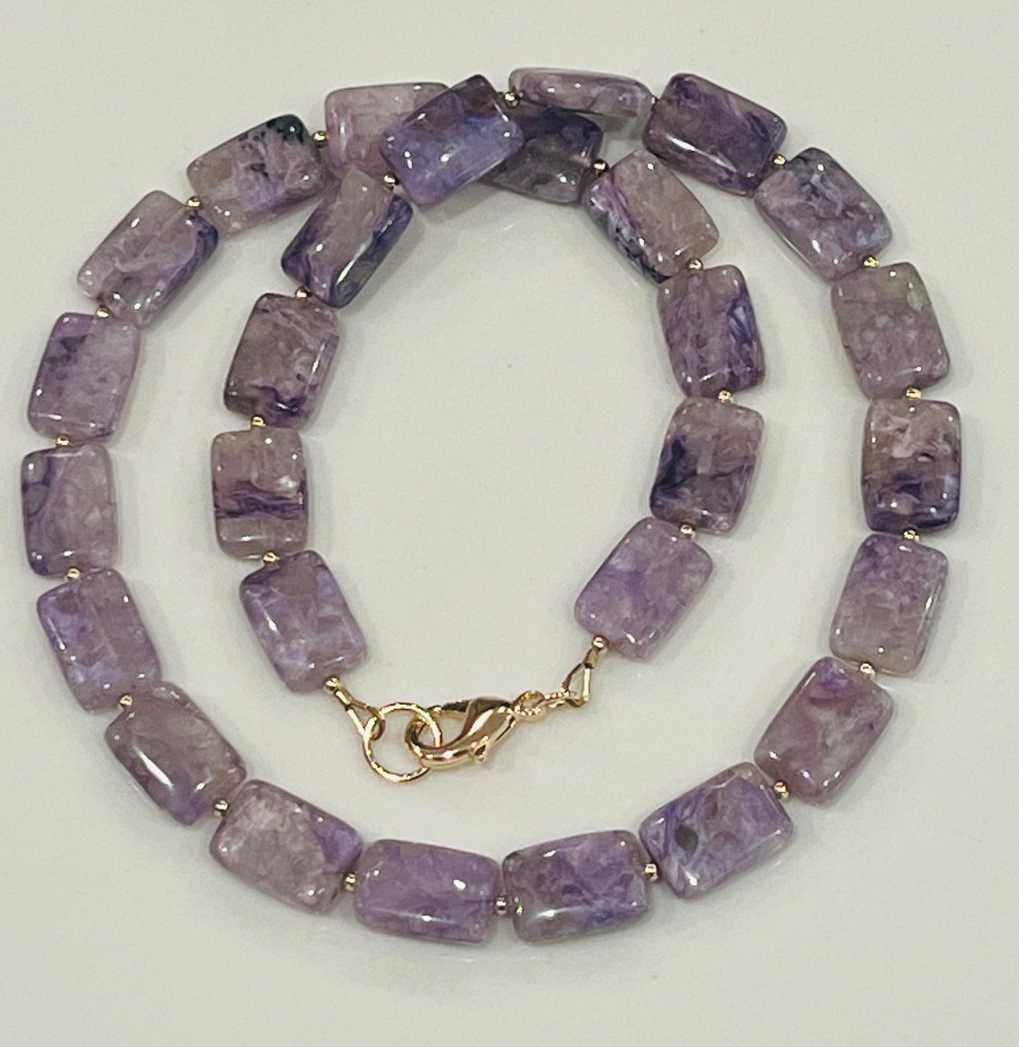 Charoite Beaded Necklace 18k Gold Filled Clasp/Beads Natural Semi-Precious Gemstone Necklace Rectangular Smooth Charoite Stones