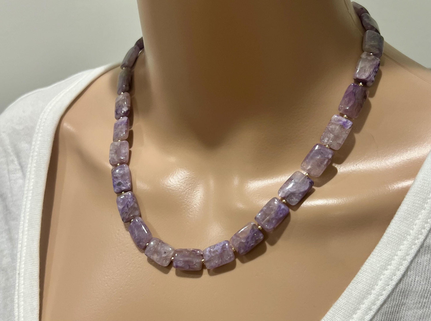 Charoite Beaded Necklace 18k Gold Filled Clasp/Beads Natural Semi-Precious Gemstone Necklace Rectangular Smooth Charoite Stones