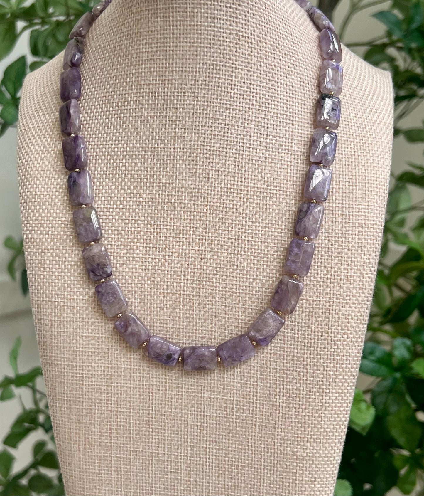 Charoite Beaded Necklace 18k Gold Filled Clasp/Beads Natural Semi-Precious Gemstone Necklace Rectangular Smooth Charoite Stones