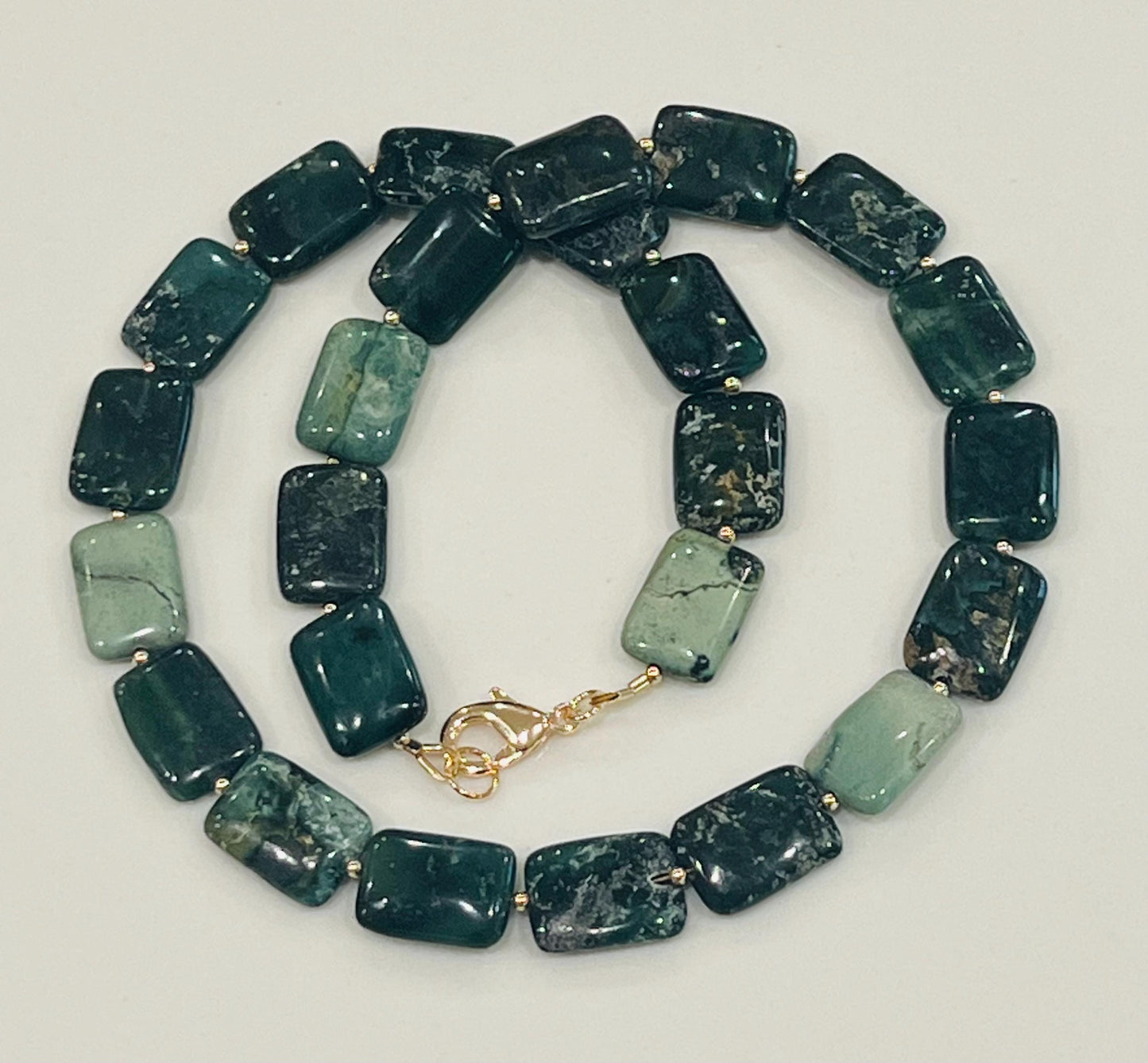 Seaweed Jasper Beaded Necklace 18k Gold Filled Clasp/Beads Natural Semi-Precious Gemstone Necklace Rectangular Smooth Green Jasper Stones