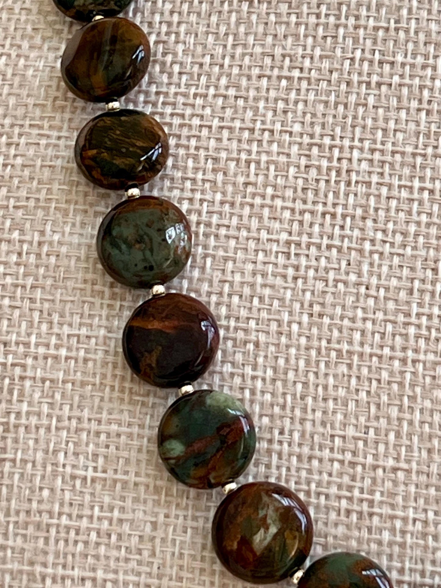 Green Chrysocolla Beaded Necklace with 18k Gold Filled Clasp and Accent Beads Natural Semi-Precious Gemstone 12mm Oval Stone Beaded Necklace