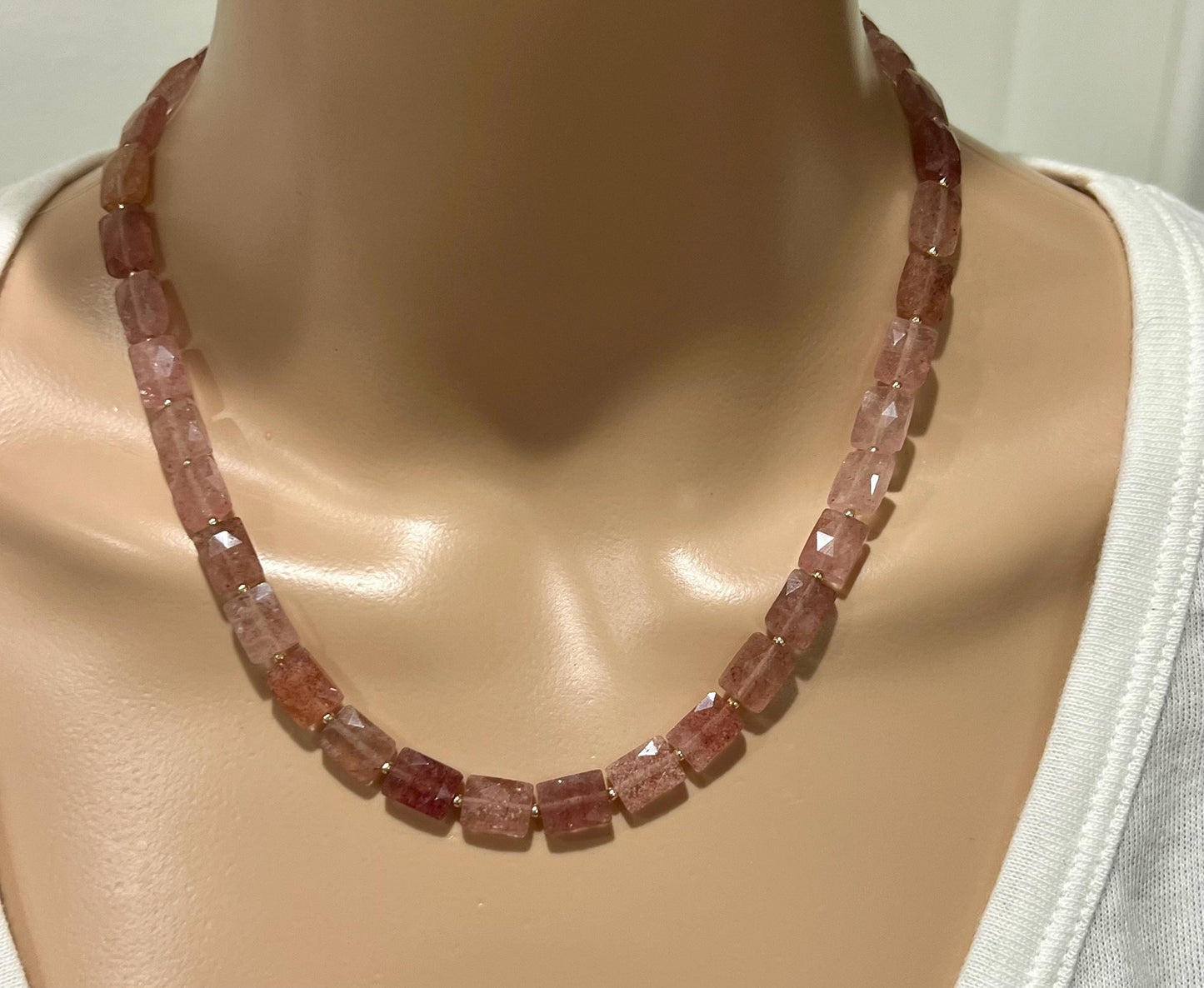 Strawberry Quartz Beaded Necklace 18k Gold Filled Clasp Pink Beaded Layering Semi-Precious Stones Sparkling 8x10mm Rectangular Quartz Stones