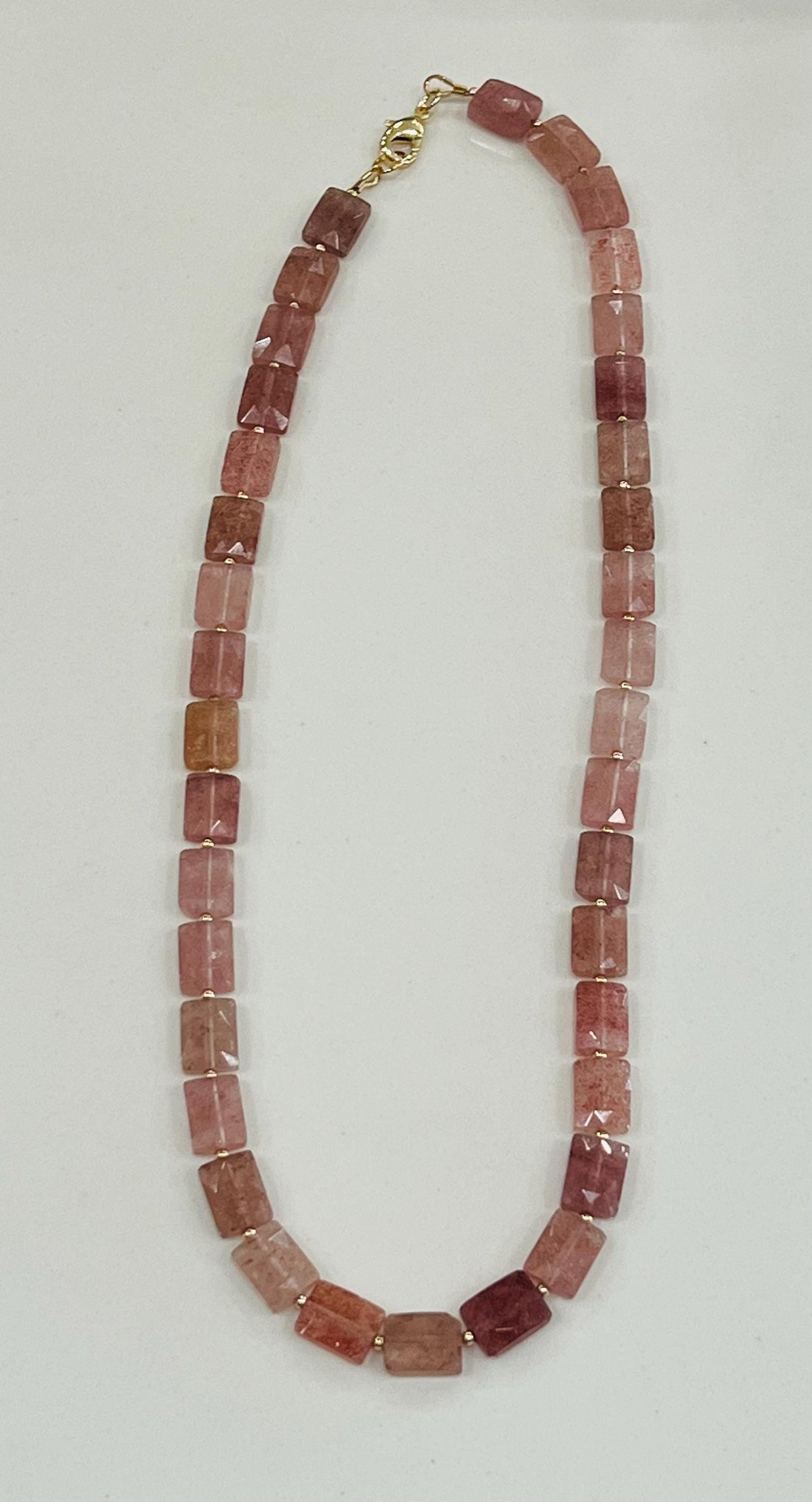 Strawberry Quartz Beaded Necklace 18k Gold Filled Clasp Pink Beaded Layering Semi-Precious Stones Sparkling 8x10mm Rectangular Quartz Stones