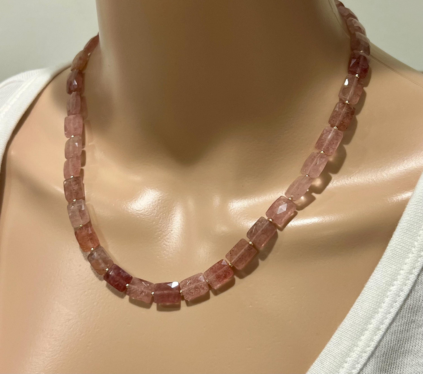 Strawberry Quartz Beaded Necklace 18k Gold Filled Clasp Pink Beaded Layering Semi-Precious Stones Sparkling 8x10mm Rectangular Quartz Stones