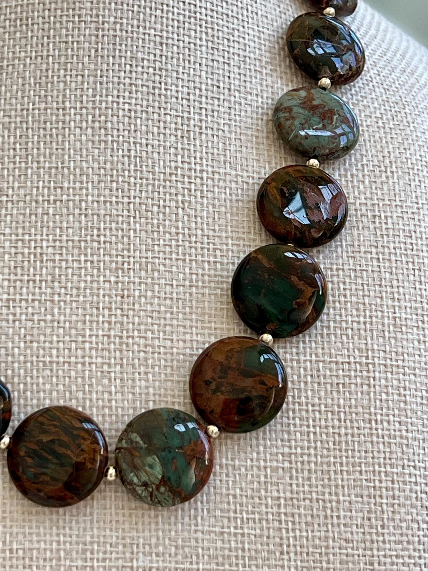 Green Chrysocolla Beaded Necklace with 18k Gold Filled Clasp and Accent Beads Natural Semi-Precious Gemstone Colorful Coin Beaded Necklace