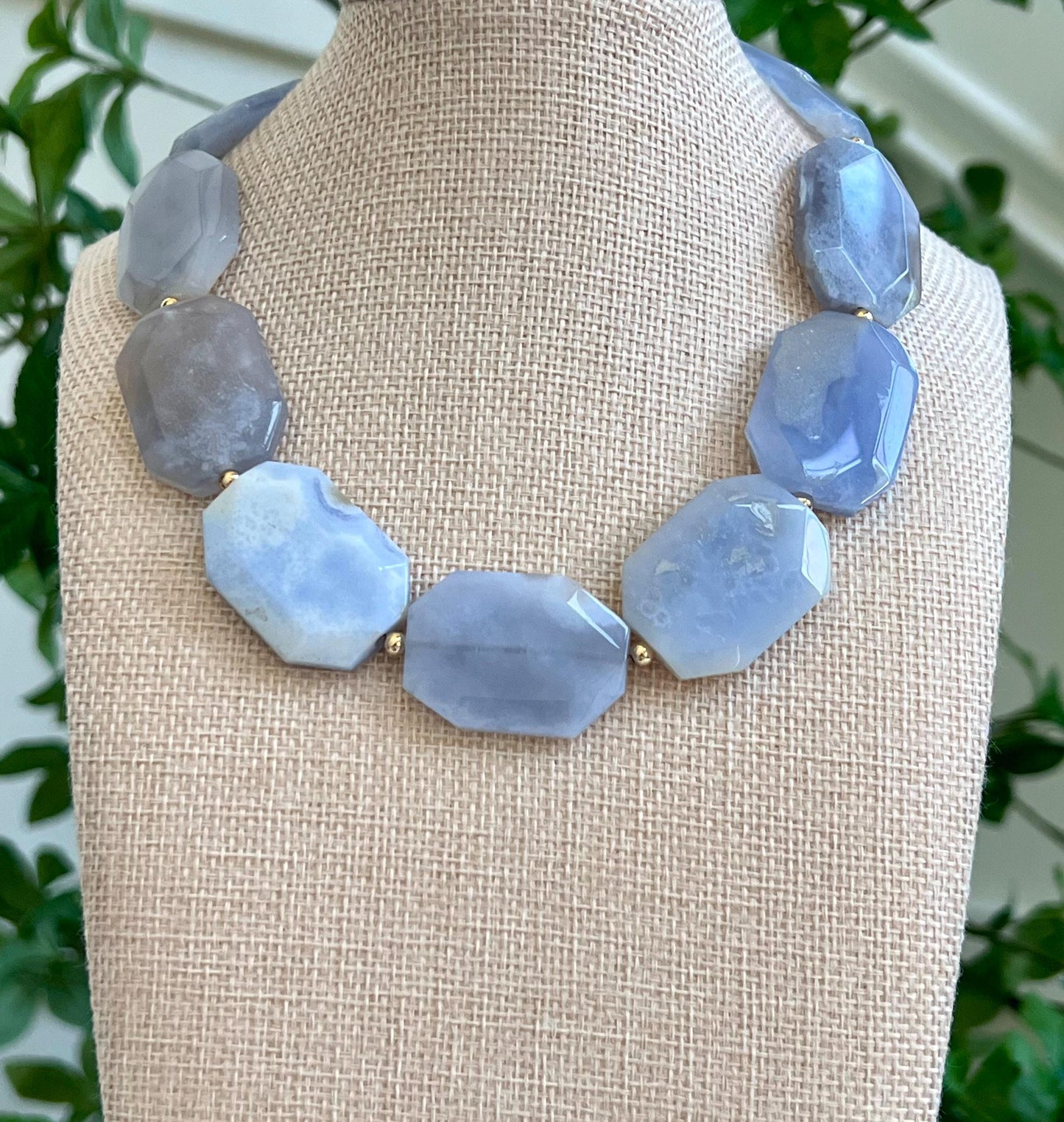 Blue Chalcedony Beaded Necklace 18k Gold Filled Clasp Faceted Octagon 25x35mm Natural Chalcedony Rectangle Faceted Statement Necklace