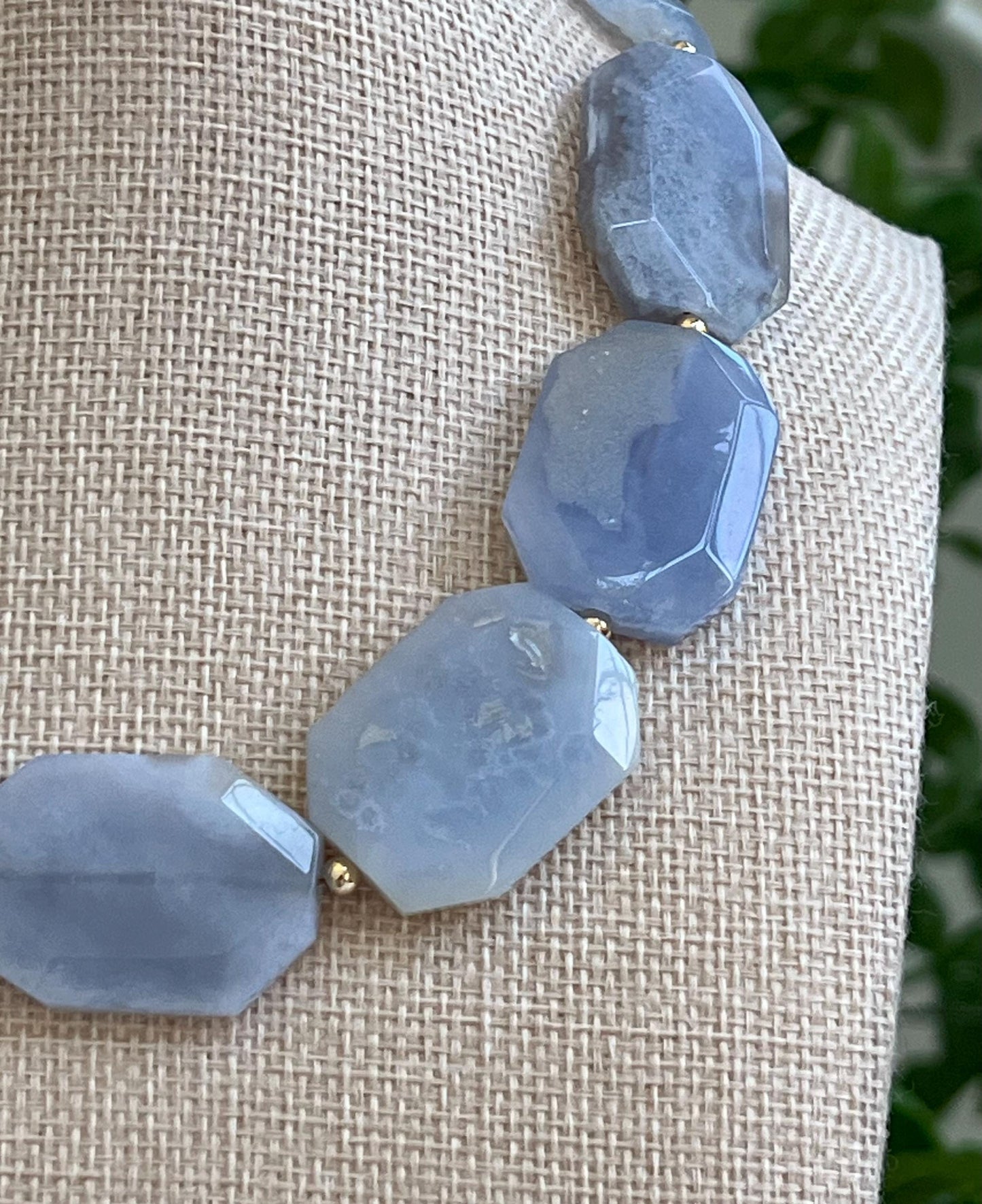 Blue Chalcedony Beaded Necklace 18k Gold Filled Clasp Faceted Octagon 25x35mm Natural Chalcedony Rectangle Faceted Statement Necklace