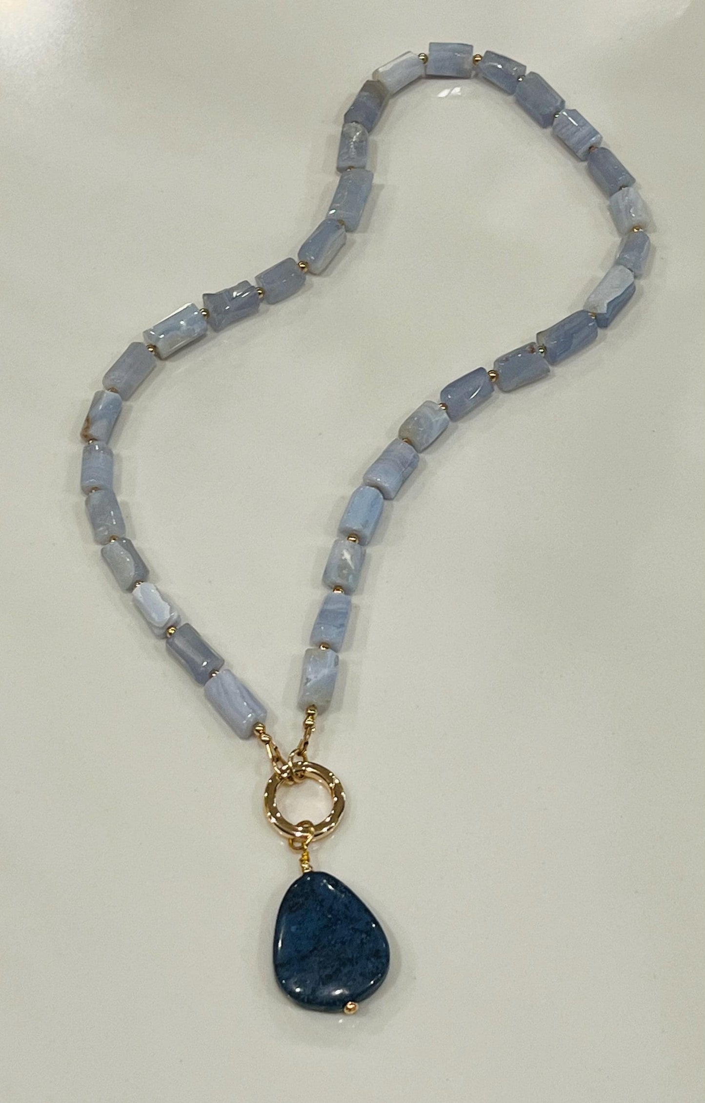 Blue Lace Agate Beaded Necklace 18k Gold Filled Spring Clasp/Accent Beads Dumortierite Pendant Light Blue Lace Tube Stones Versatile Clasp