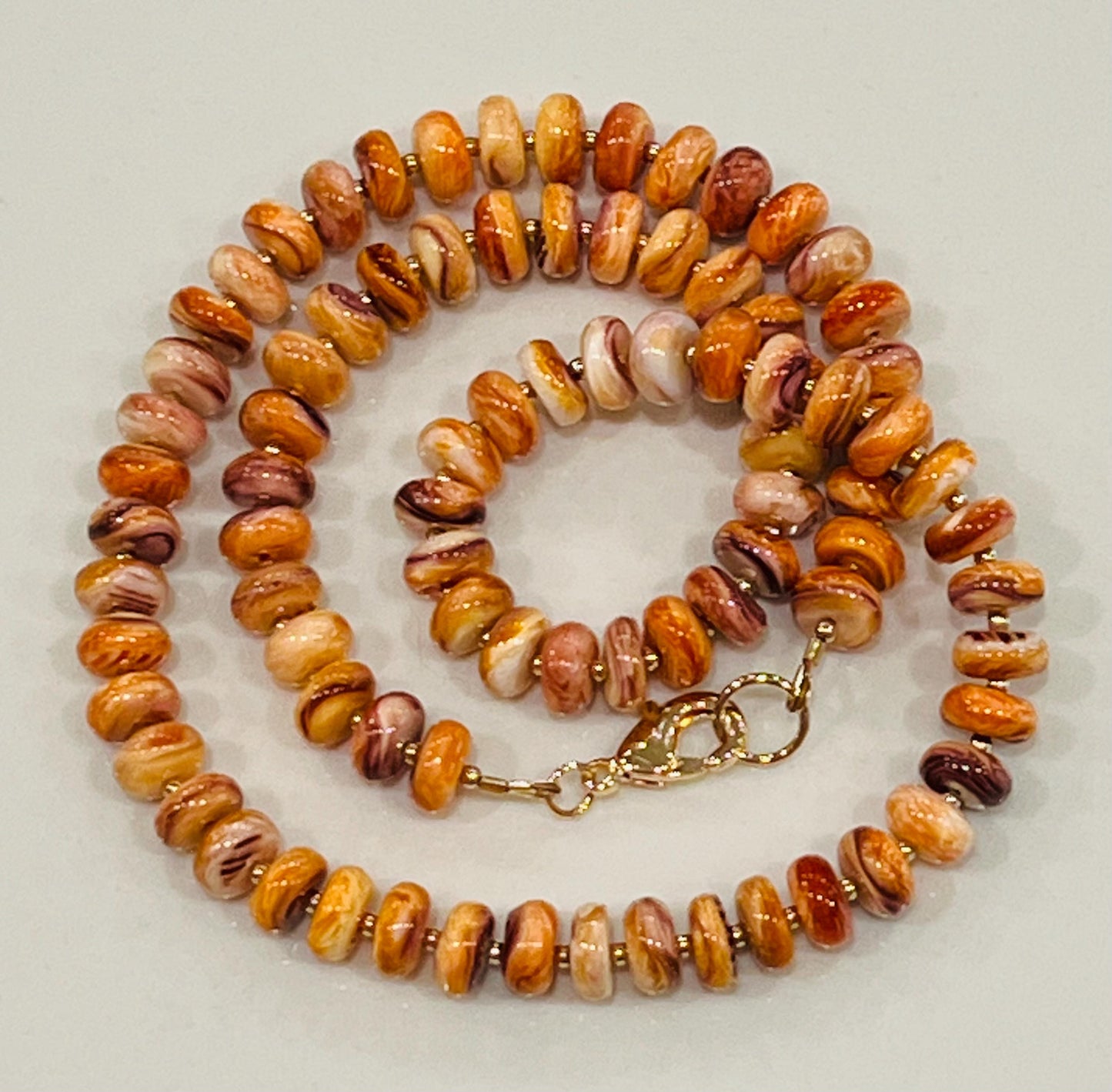 Spiny Oyster Beaded Necklace 18k Gold Filled Clasp Rondelle 8mm Natural Spiny Oyster Beads Gorgeous Purple Orange Statement Necklace