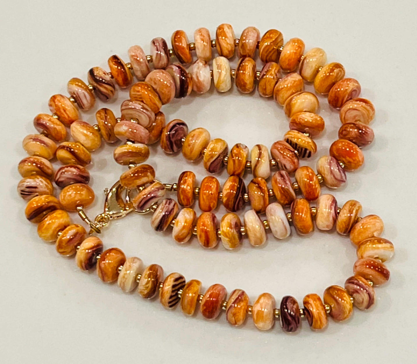 Spiny Oyster Beaded Necklace 18k Gold Filled Clasp Rondelle 8mm Natural Spiny Oyster Beads Gorgeous Purple Orange Statement Necklace