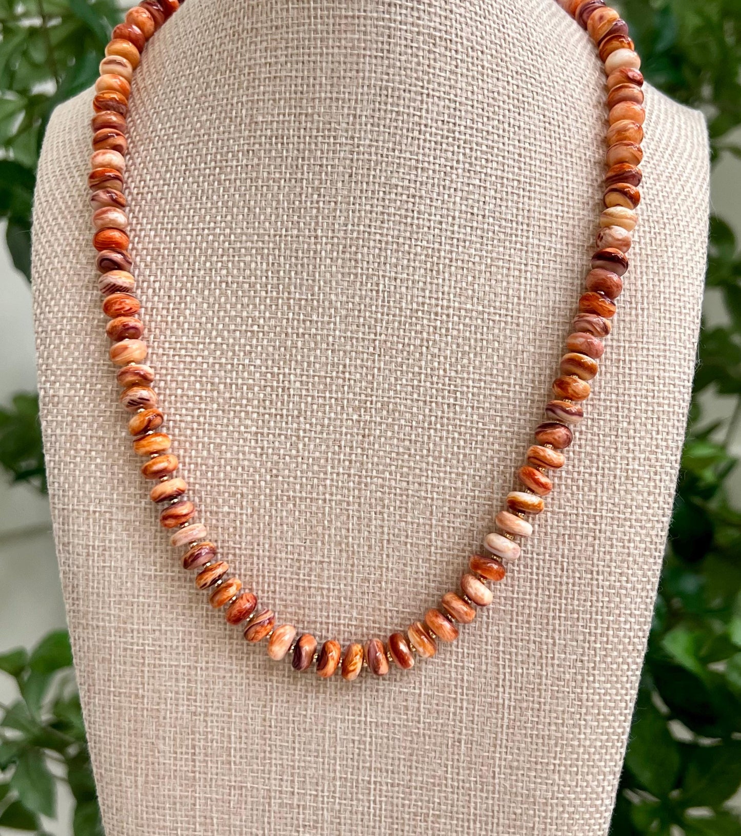 Spiny Oyster Beaded Necklace 18k Gold Filled Clasp Rondelle 8mm Natural Spiny Oyster Beads Gorgeous Purple Orange Statement Necklace