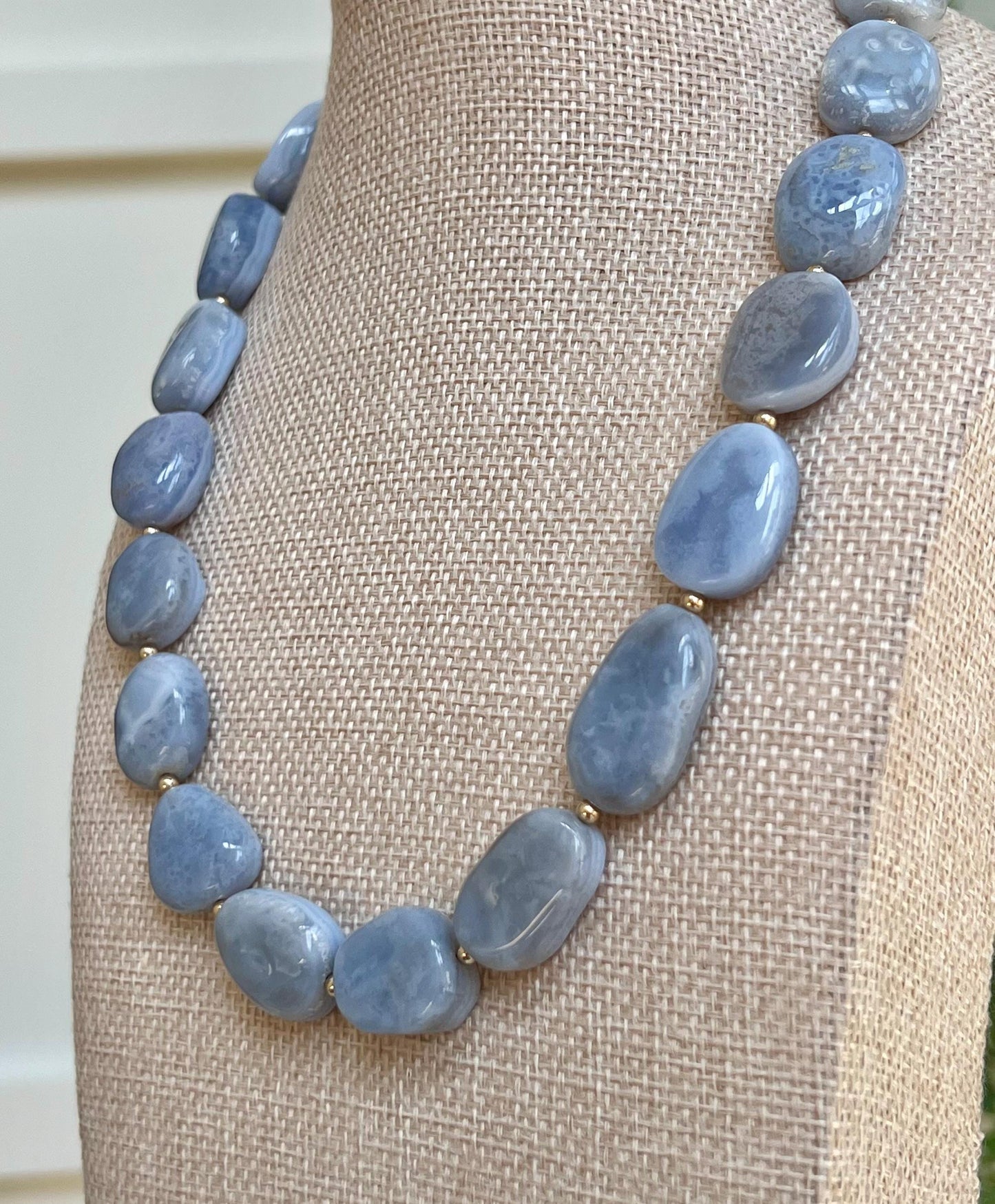 Blue Lace Agate 18k Gold Filled Clasp/Beads Necklace: Freeform Gemstone Statement Necklace