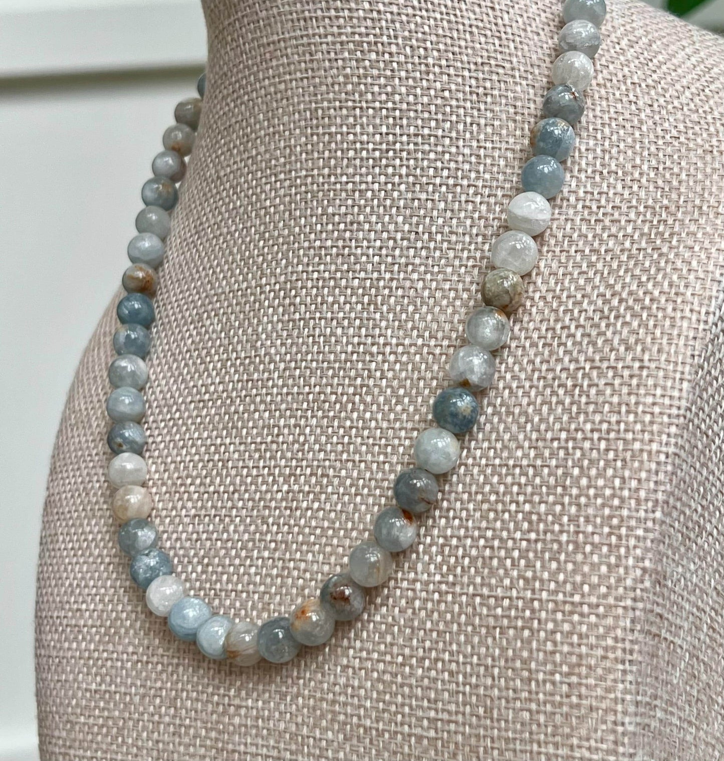 Celestite Beaded Necklace: 8mm Smooth Round Stones, Gold Filled Clasp