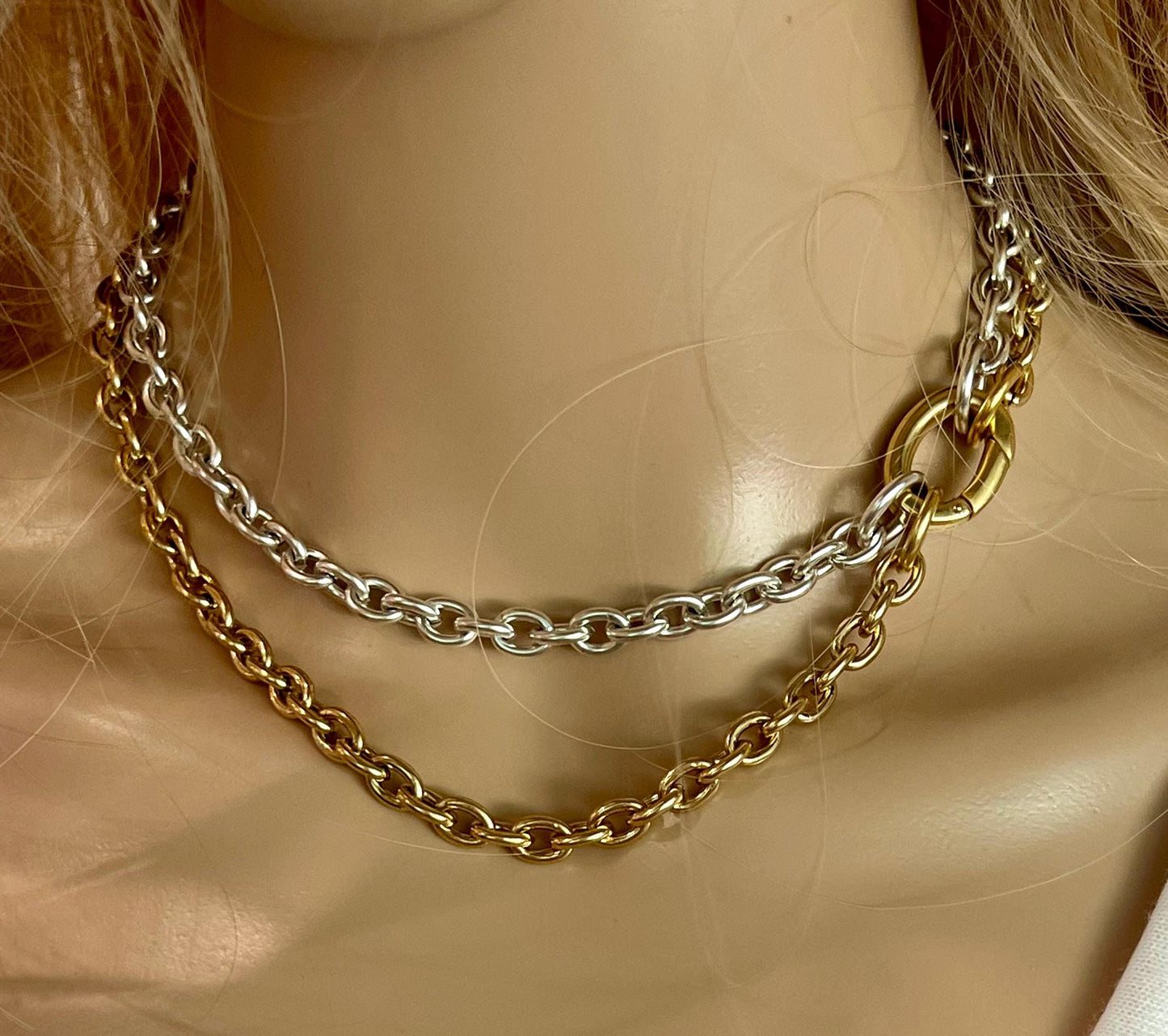 Gold and Silver Heavy Cable Chain Necklace, High Quality Mixed Metals Necklace