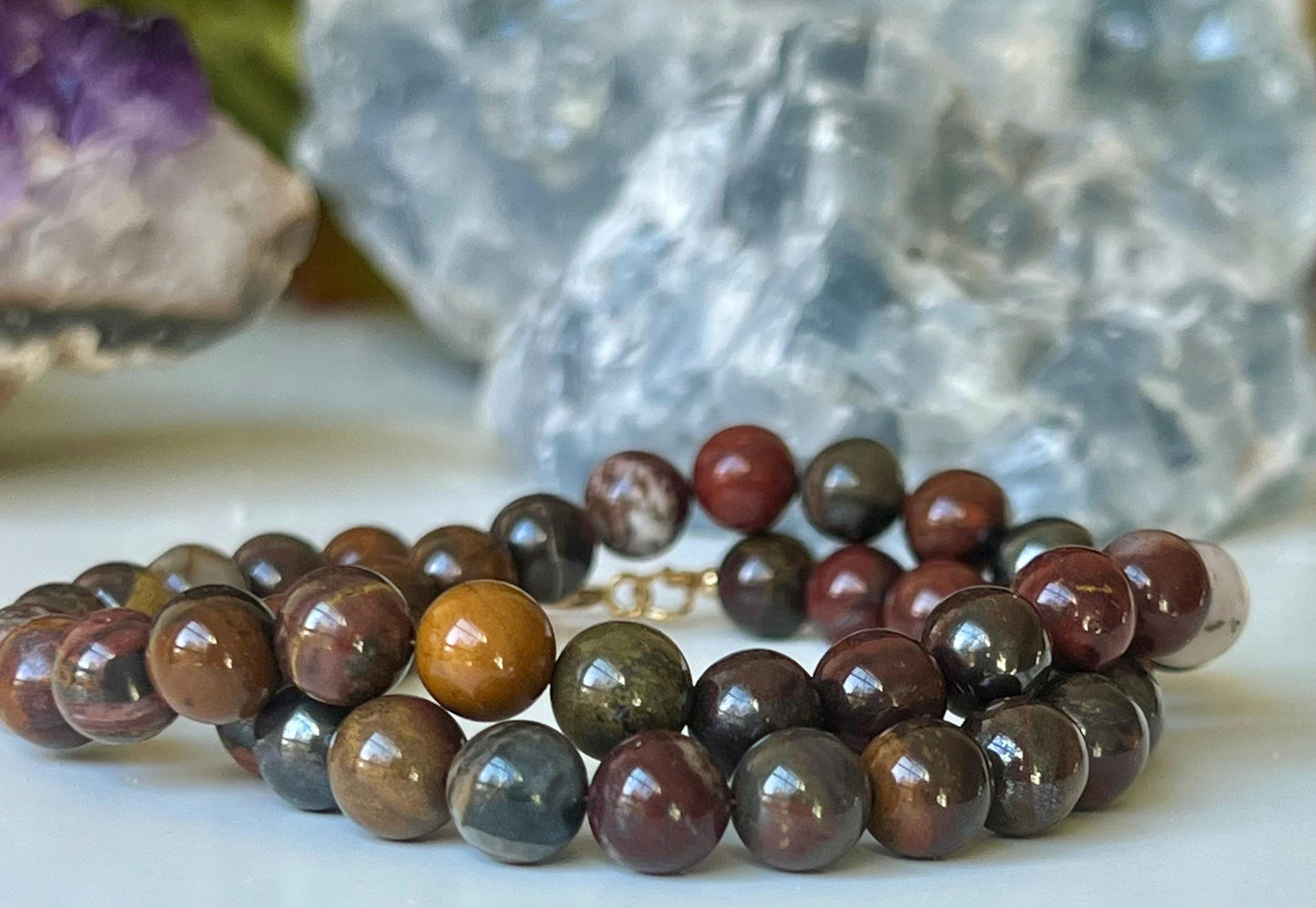 Tiger Iron Beaded Necklace: Smooth Round 8mm Gemstone, Gold Filled Clasp