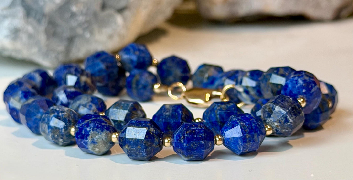 Lapis Lazuli Necklace: 18k Gold Filled Clasp/Beads, Natural Gemstone Necklace 10mm Gorgeous Lapis Energy Prism Cut Stones